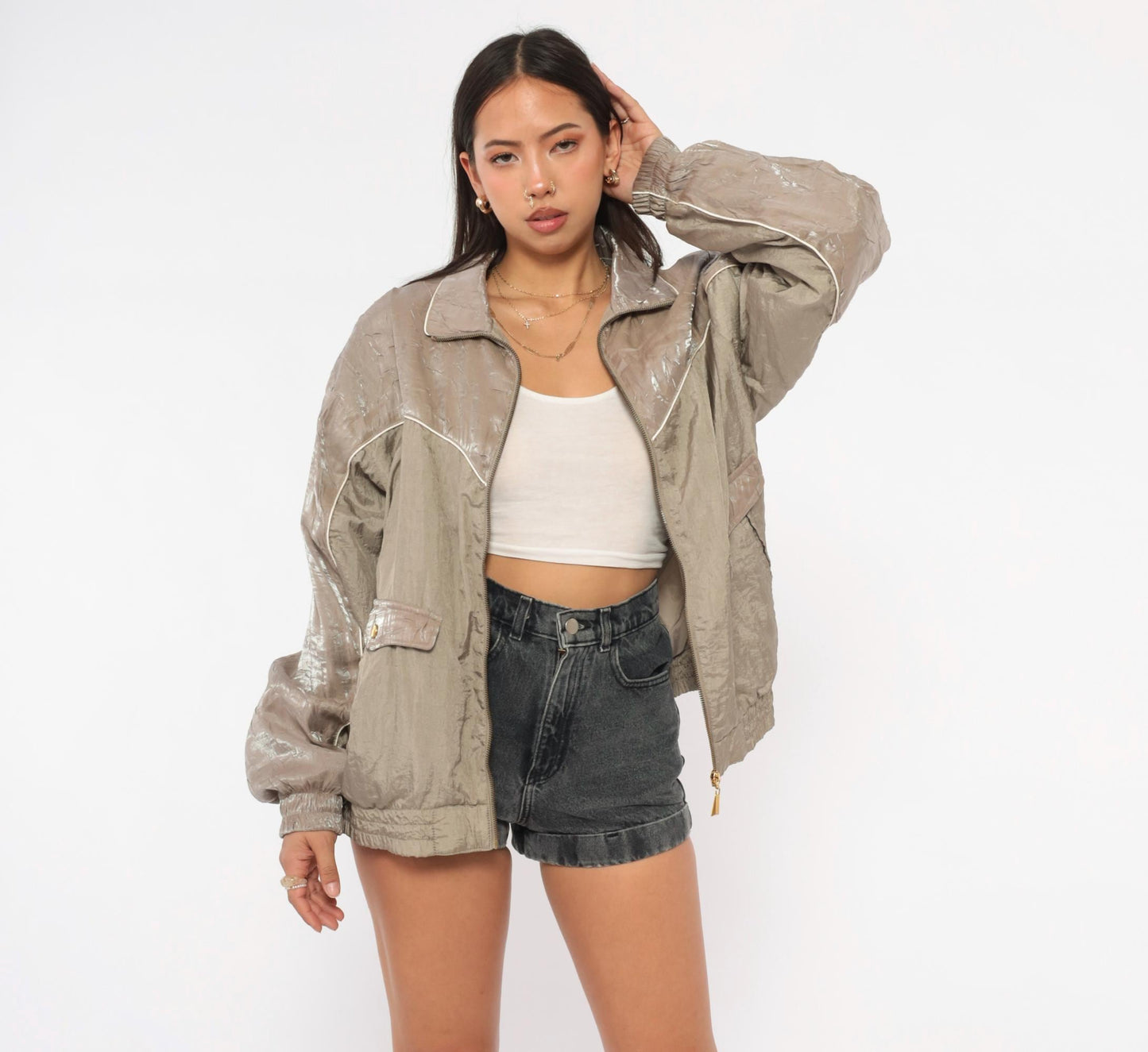 90s Cabin Creek Windbreaker Taupe Nylon Jacket Cream Piping Medium M