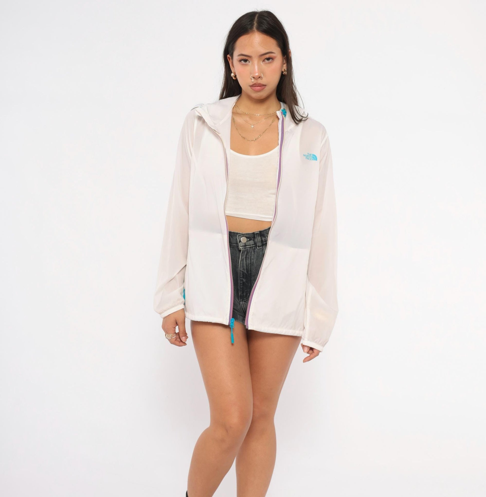 Y2K The North Face Sheer Windbreaker Hooded Jacket White Teal Large L