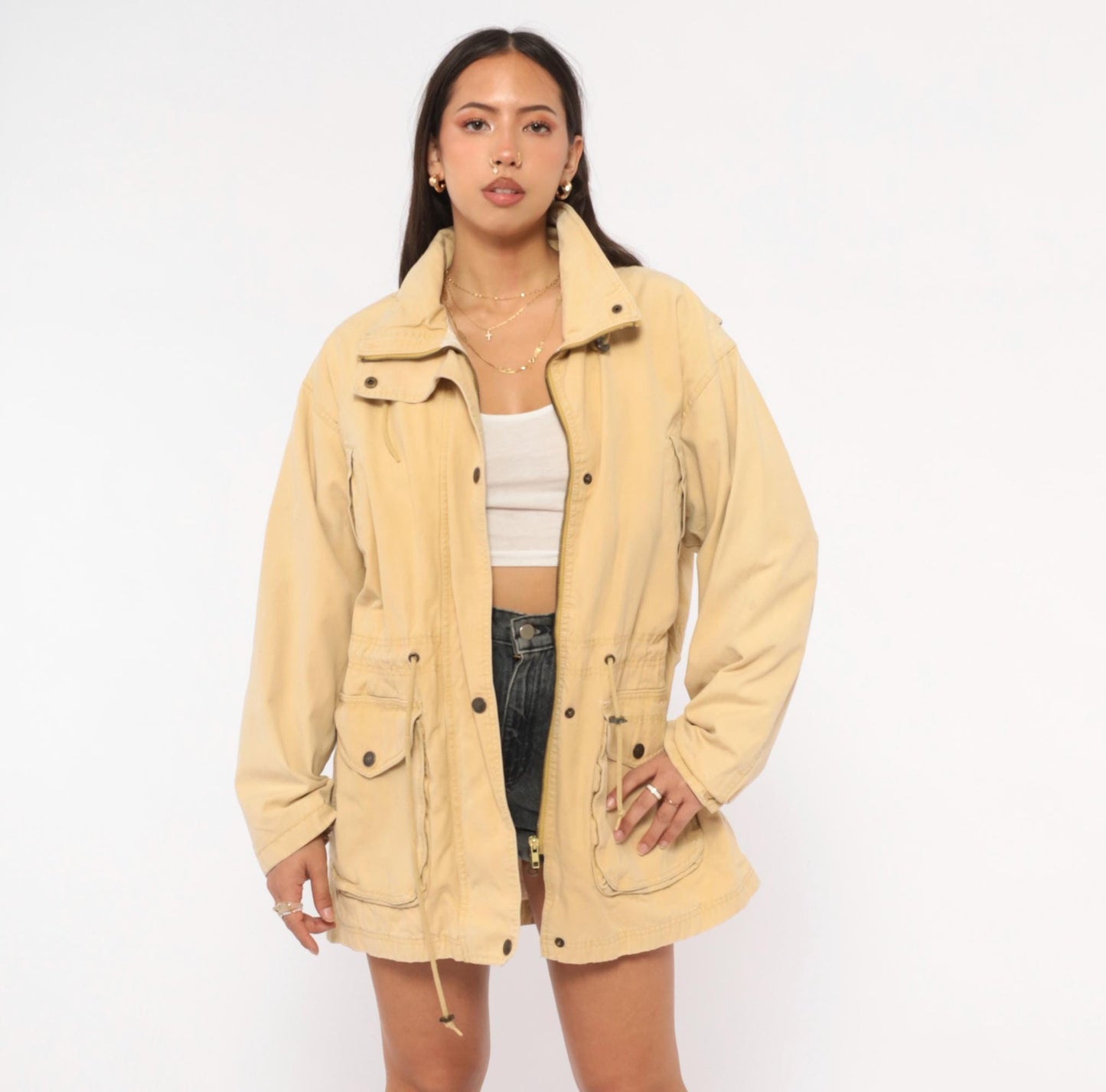 90s World Adventure Wolverine Tan Parka Cargo Jacket High Collar Small Petite