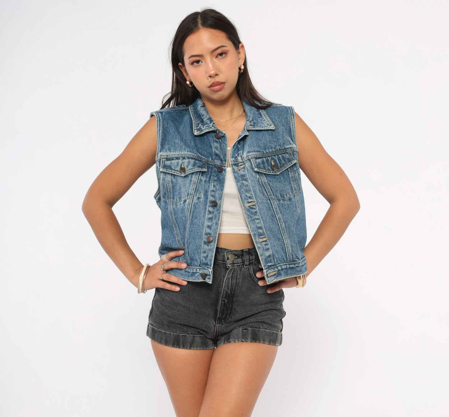 90s Greatland Denim Vest Blue Medium Wash Cotton Spread Collar