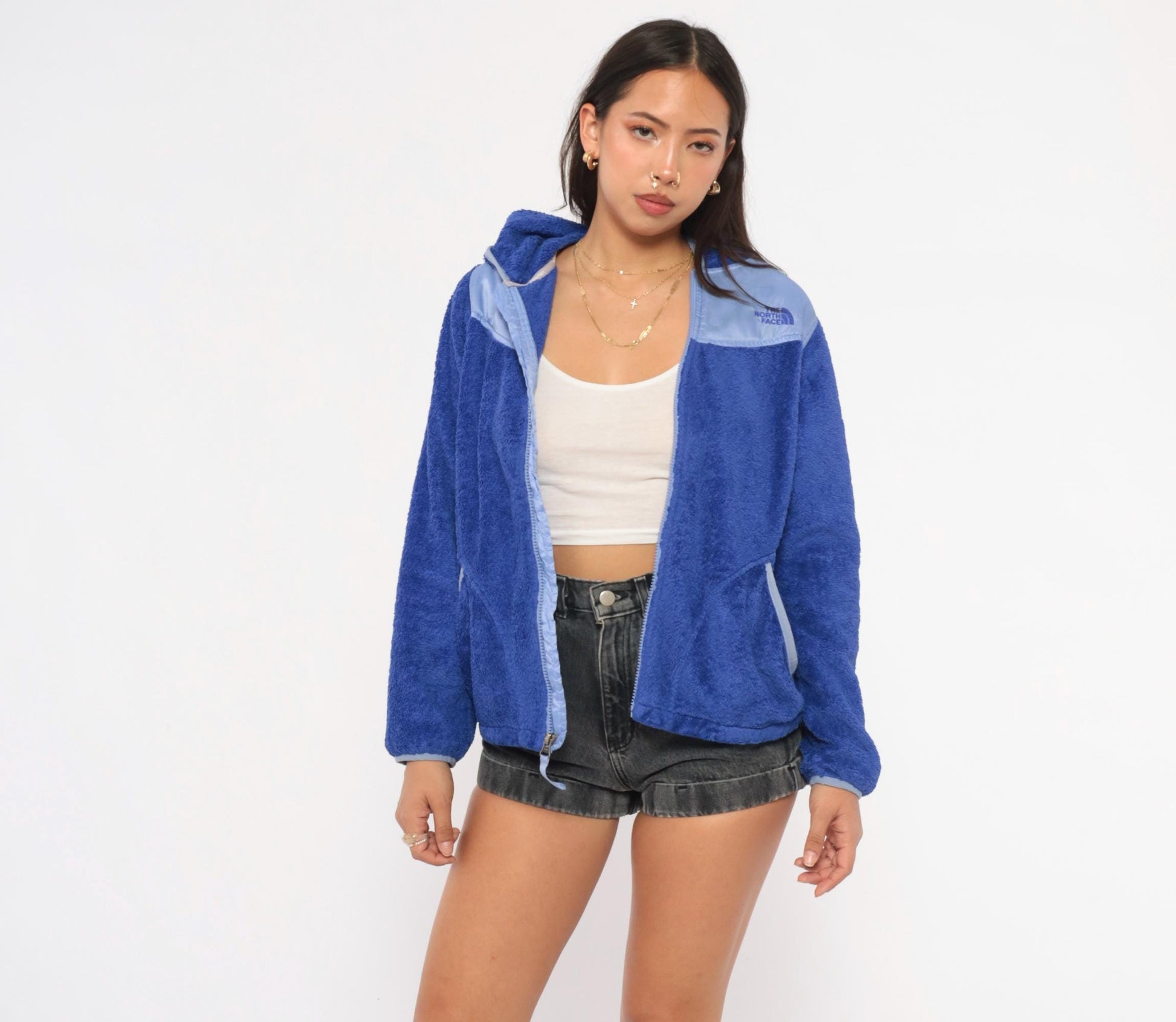 Y2K North Face Cobalt Blue Sherpa Fleece Hooded Jacket Small S