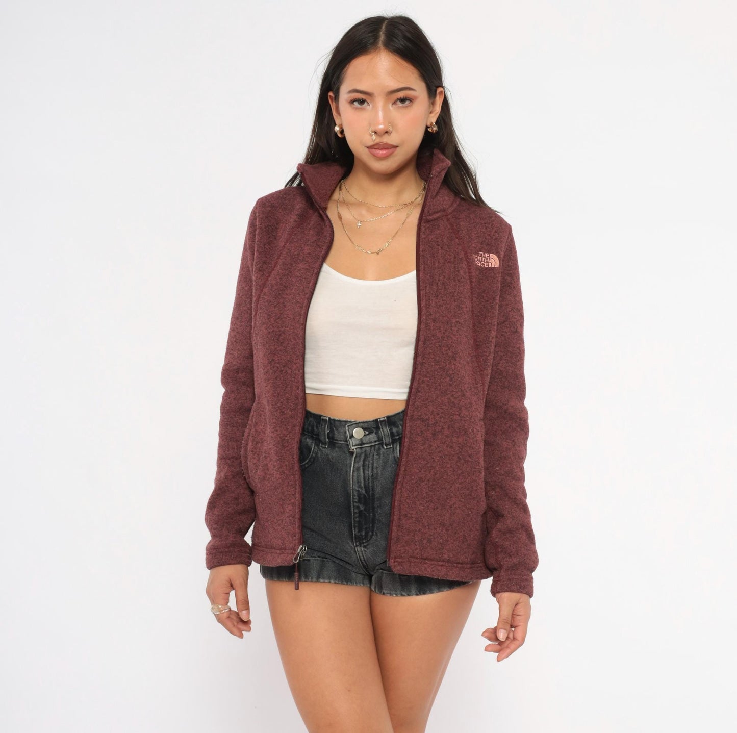 2000s The North Face Burgundy Fleece Jacket Raglan Small Petite