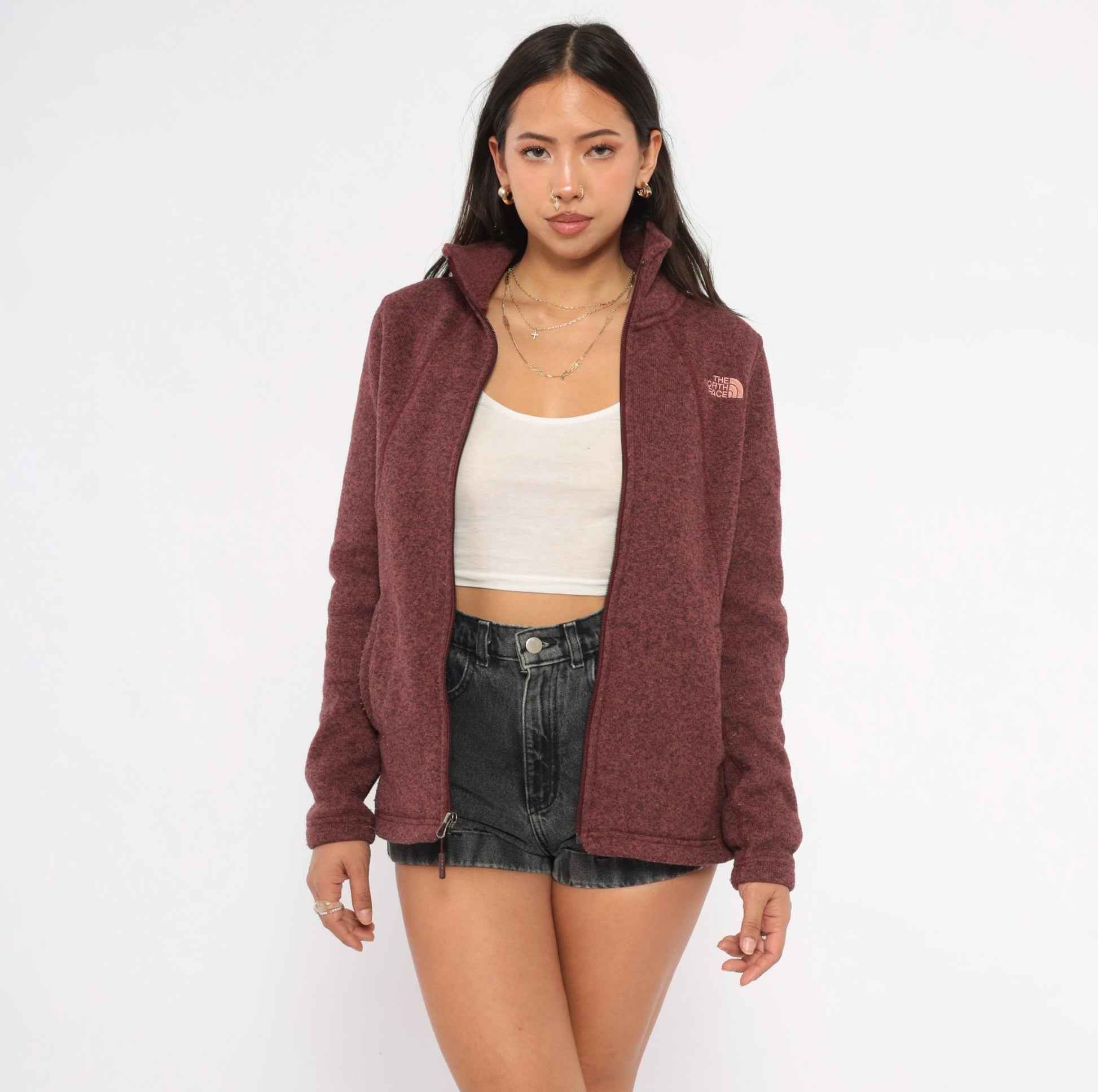 2000s The North Face Burgundy Fleece Jacket Raglan Small Petite