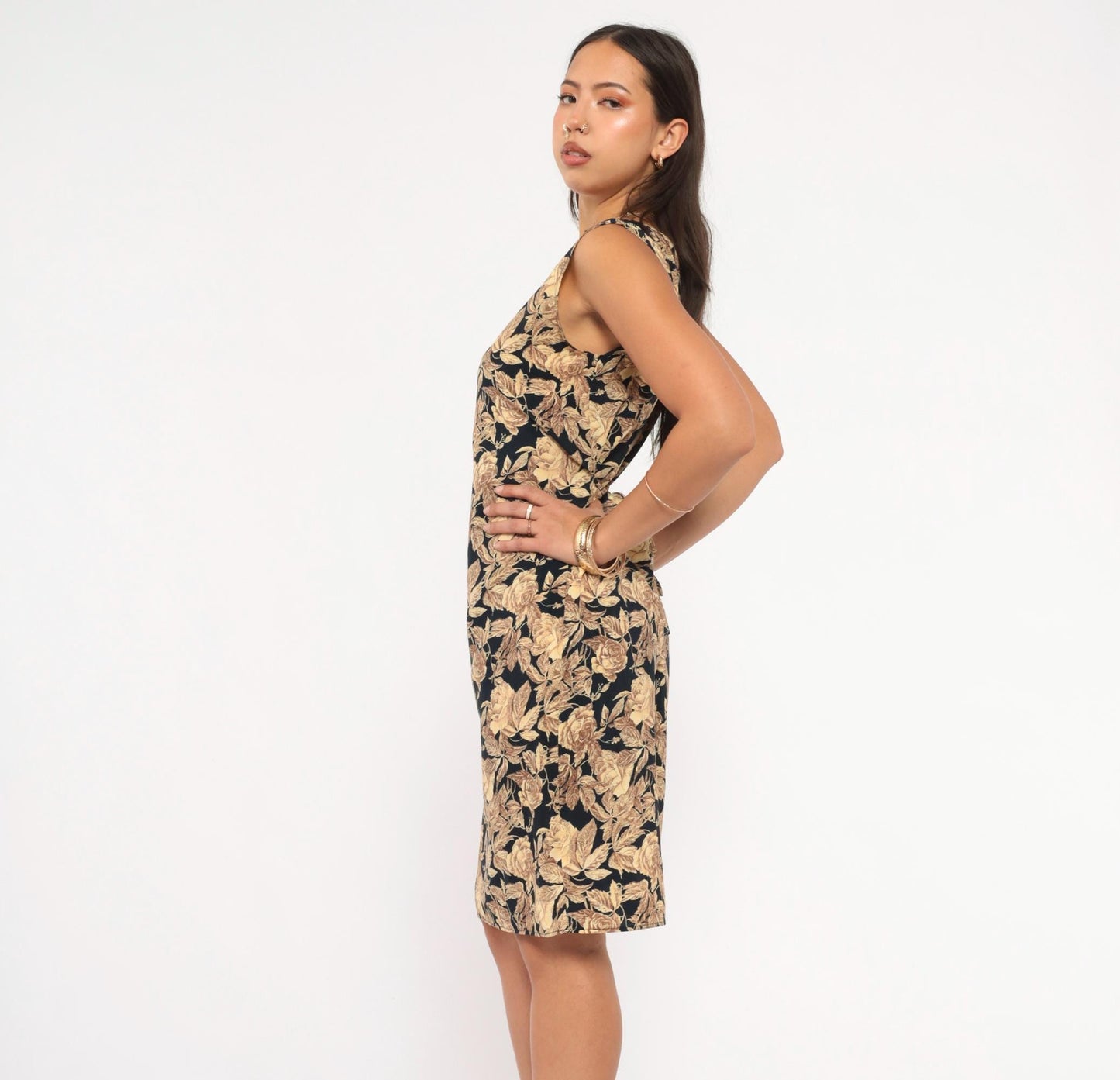 90s Golden Rose Print Sleeveless Dress Black Tan Knee-Length Small S
