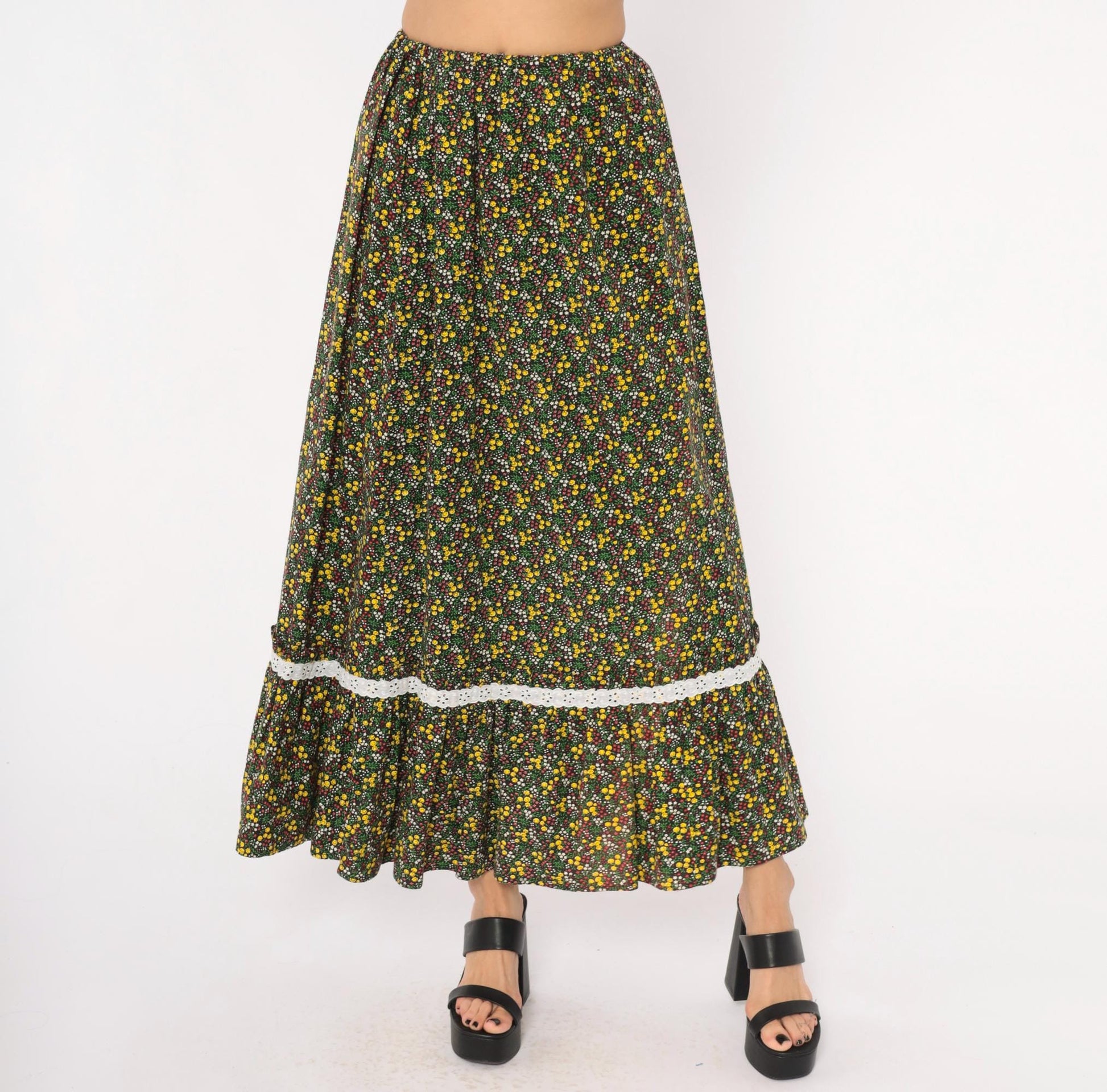 70s Black Ditsy Floral Maxi Skirt Cotton Ruffle Eyelet Lace Trim Extra Small