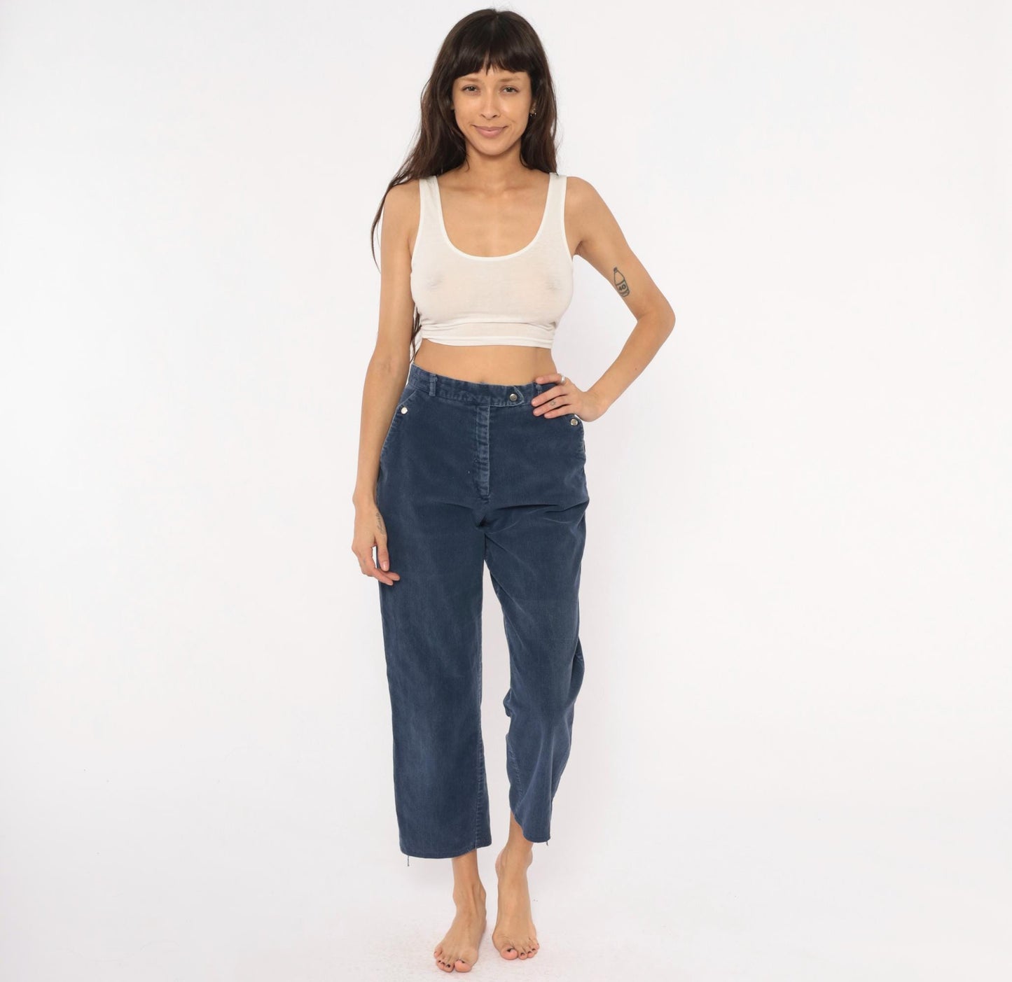 80s Tomboy Navy Corduroy Trousers High Waist Cropped Straight Leg Small