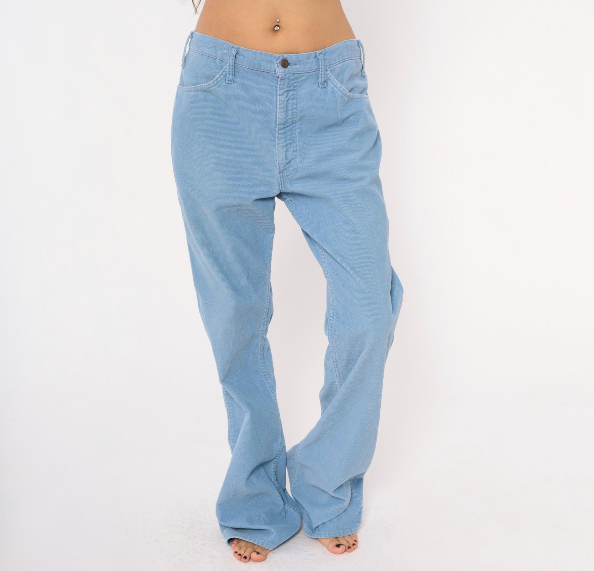 80s Sky Blue Corduroy Flare Pants Bell Bottom Powder Blue Trousers 34x34