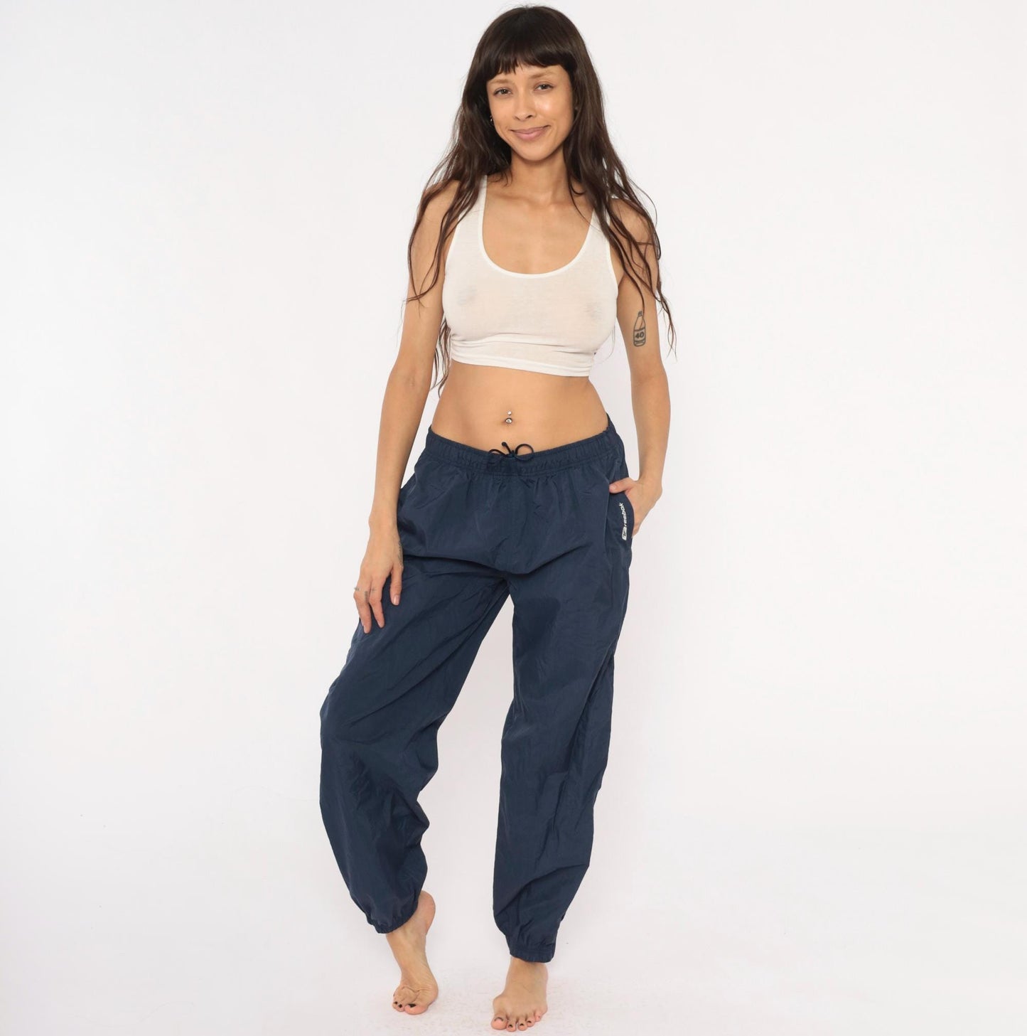 2000s Reebok Navy Nylon Track Pants Elastic Cuff Athletic Medium M