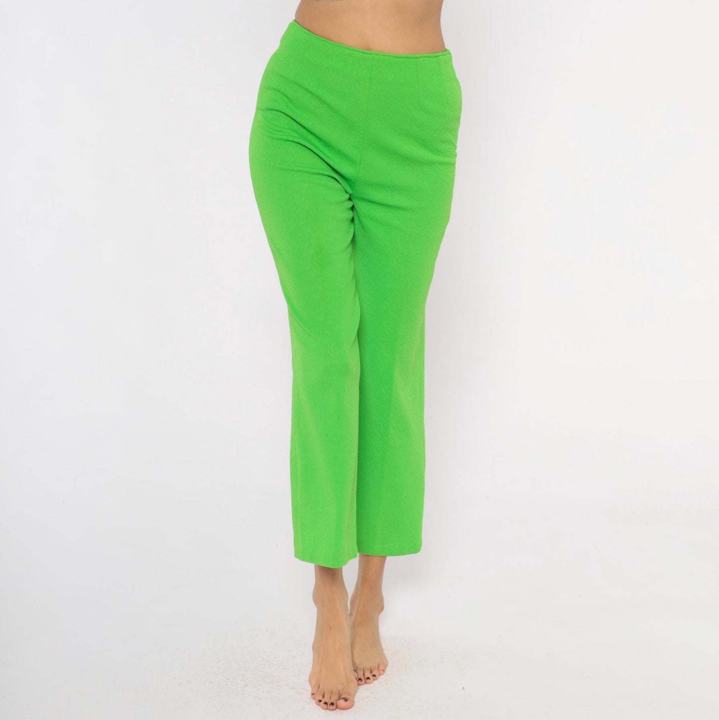 70s Lime Green High-Waist Wide Leg Flare Pants Ankle Length Small S