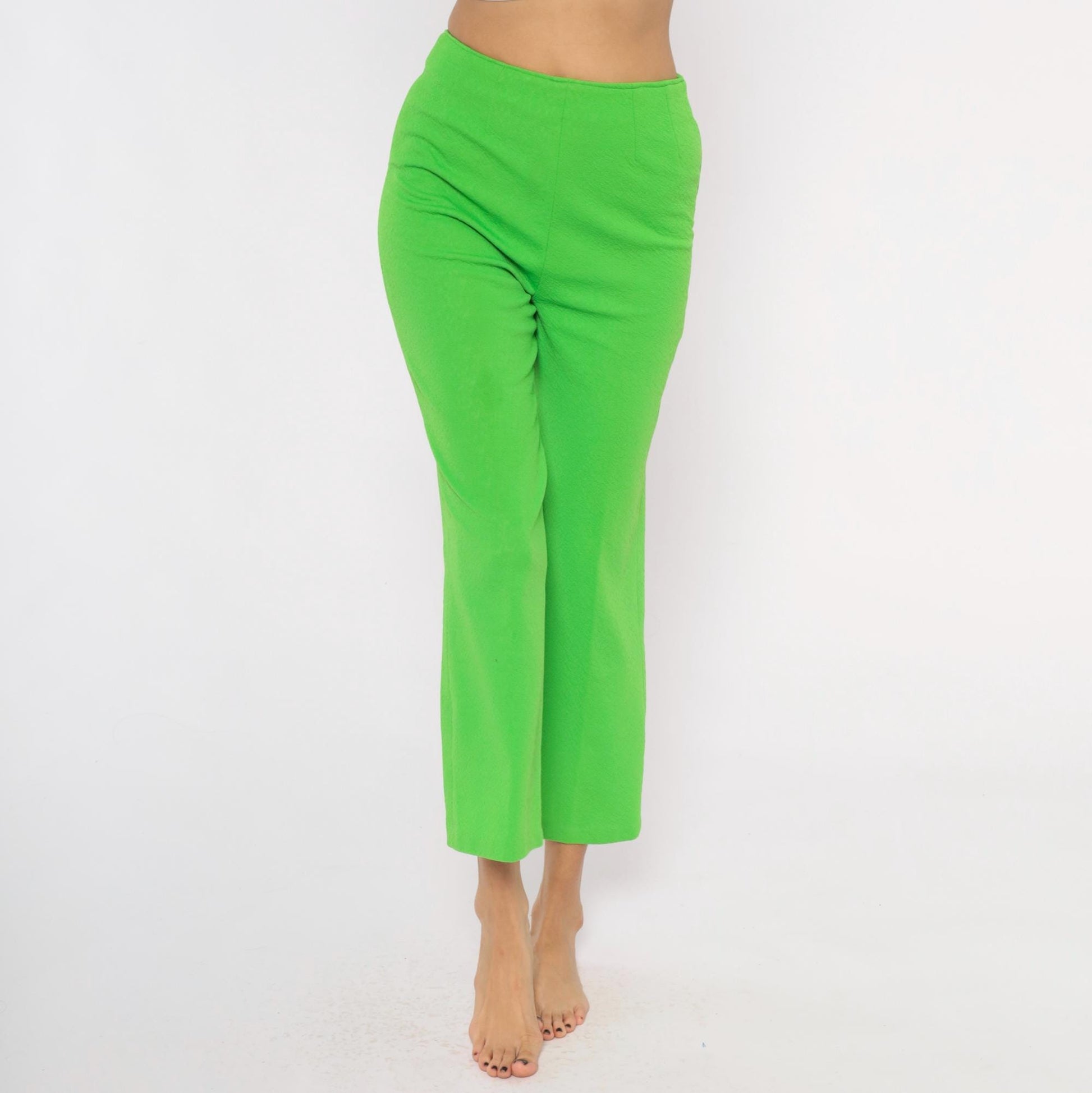 70s Lime Green High-Waist Wide Leg Flare Pants Ankle Length Small S