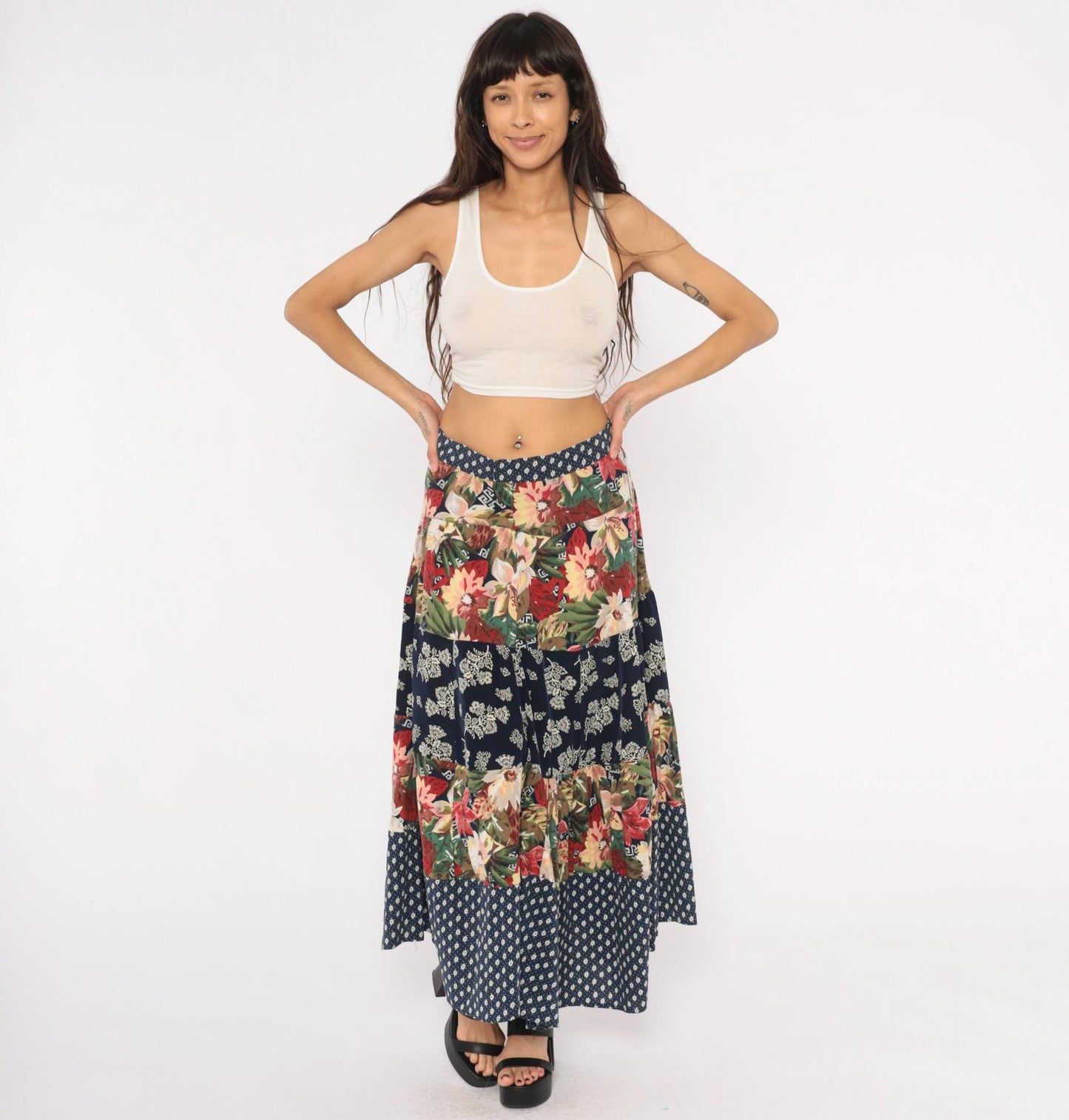 80s Patchwork Tiered Midi Skirt Floral Navy Cotton Medium M