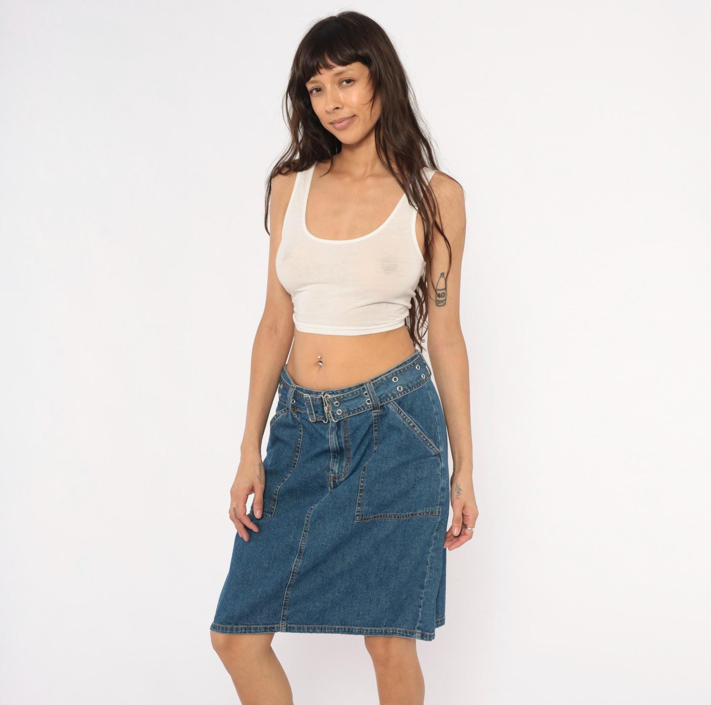 2000s Bill Blass Belted Denim Mini Skirt Indigo Cotton Medium M