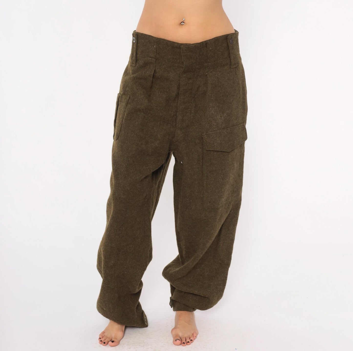 1950s Motecht Wool Military Trousers Olive High Rise Cargo Pants 34x31
