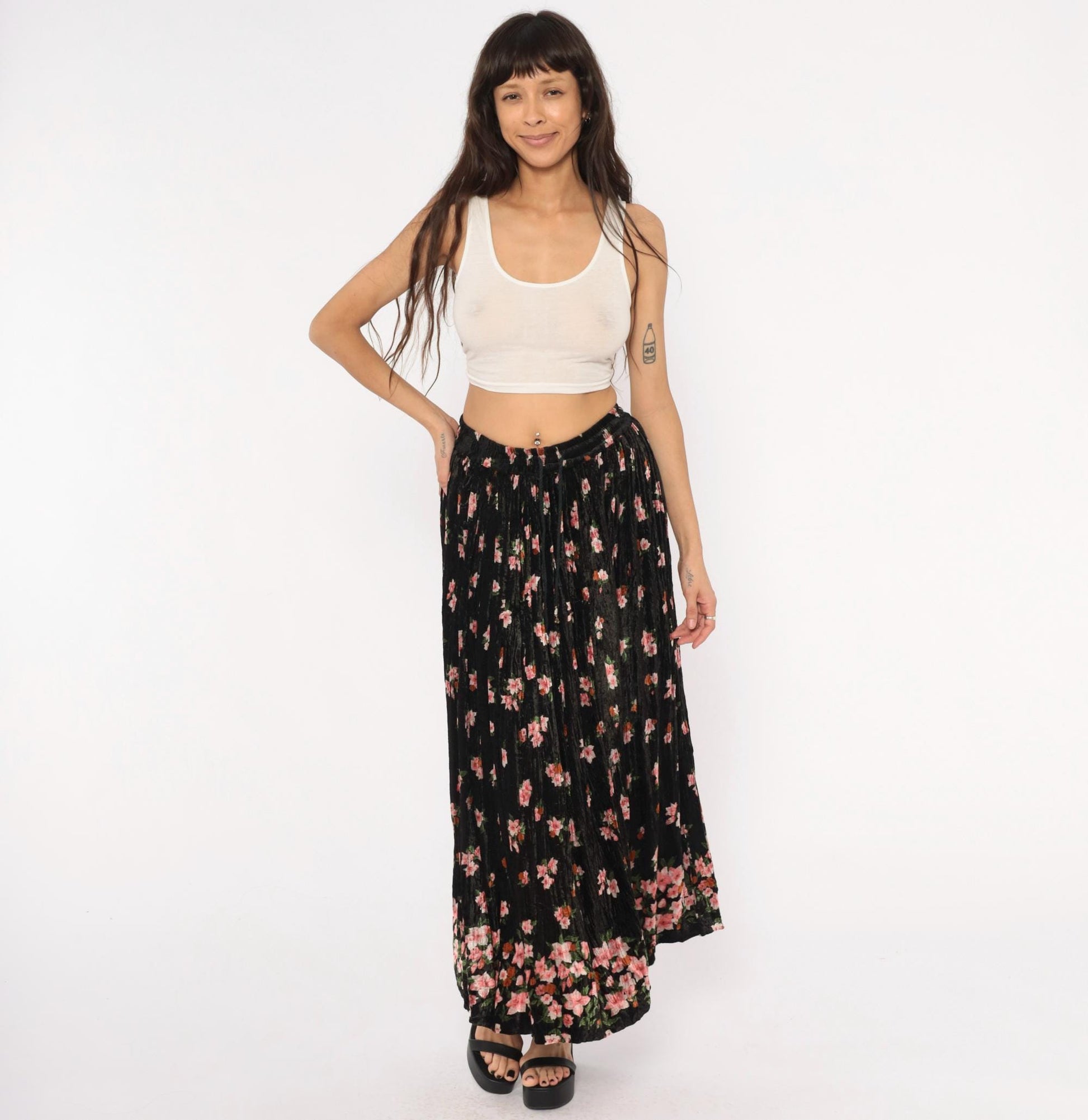 90s Xford Black Crushed Velvet Maxi Skirt Pink Floral Print One Size