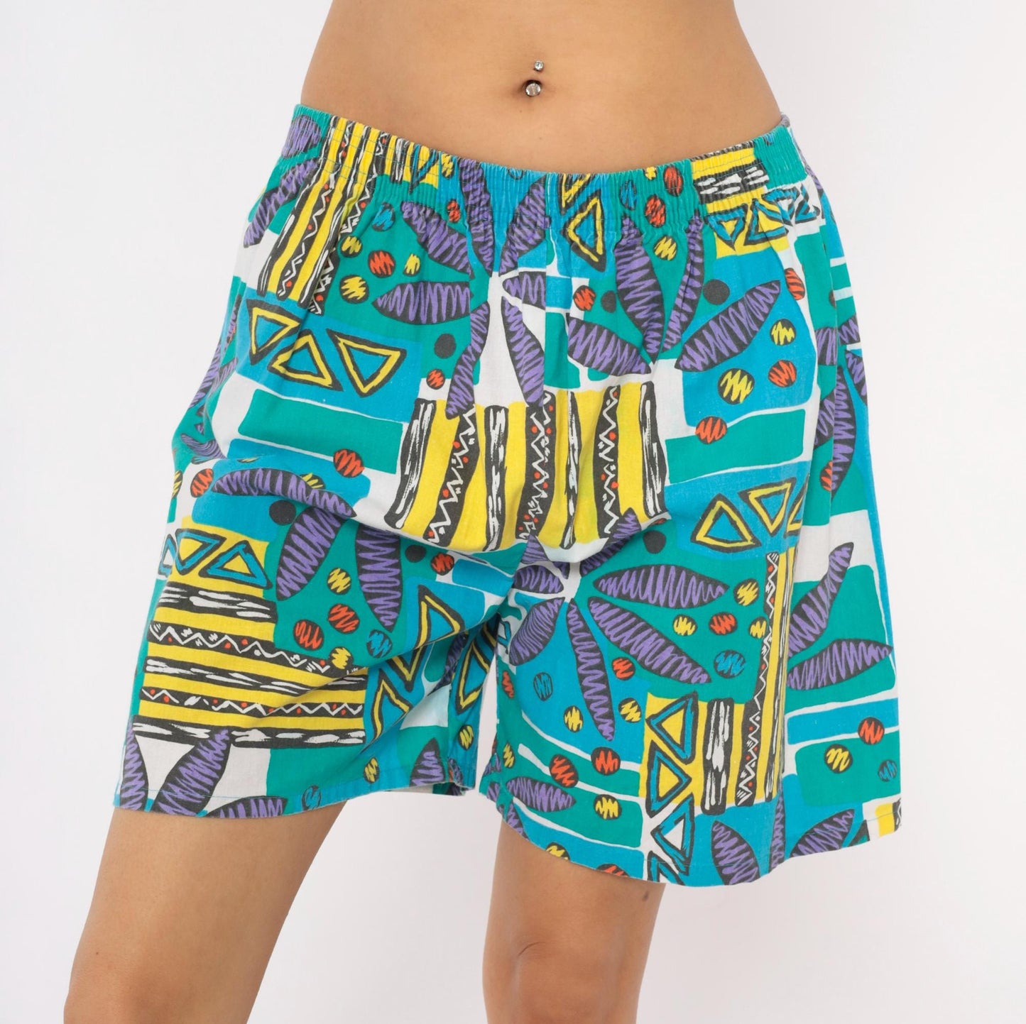 90s Athletic Works Abstract Shorts Teal Purple Geometric Print Cotton Medium