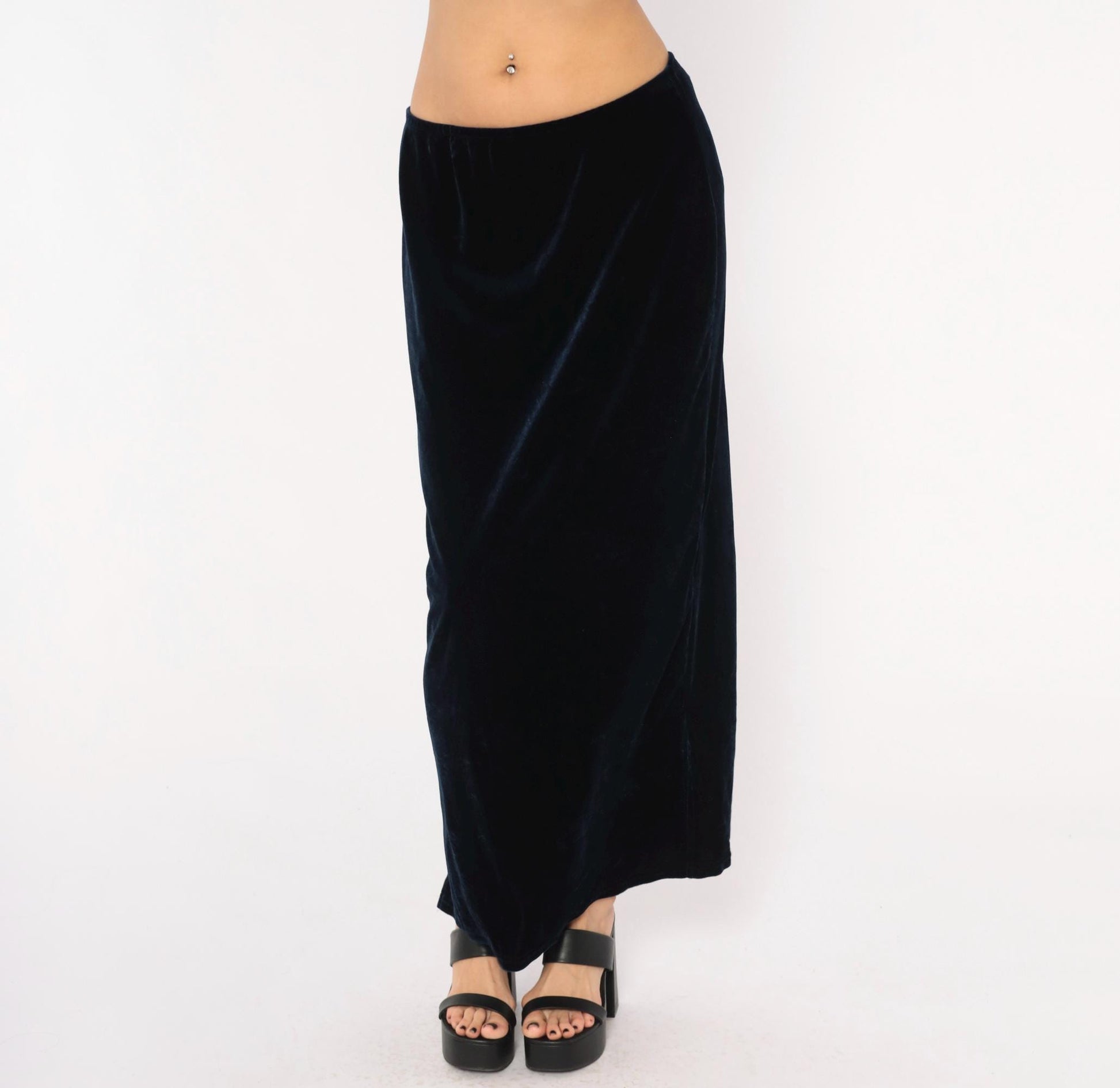90s Navy Velvet Maxi Skirt Straight Column Ankle Length Medium Large