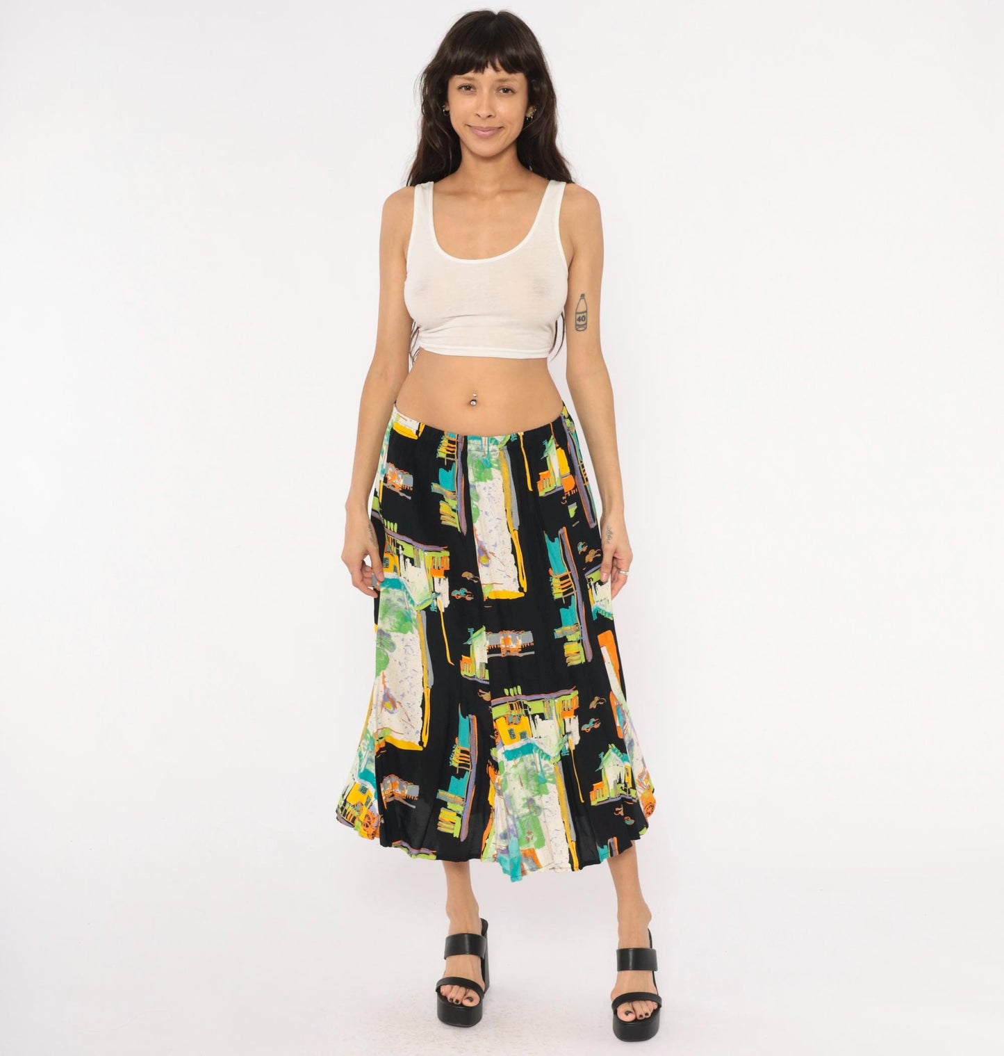 90s Sharon Anthony Maxi Skirt Cityscape Print Black Teal Orange Extra Large