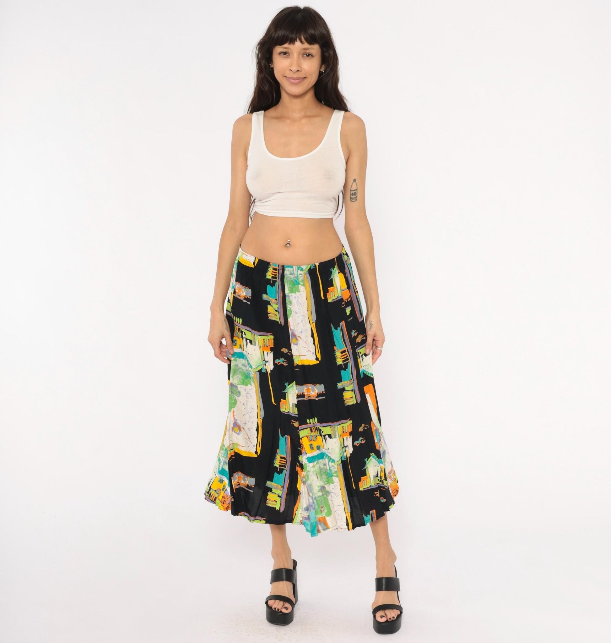 90s Sharon Anthony Maxi Skirt Cityscape Print Black Teal Orange Extra Large