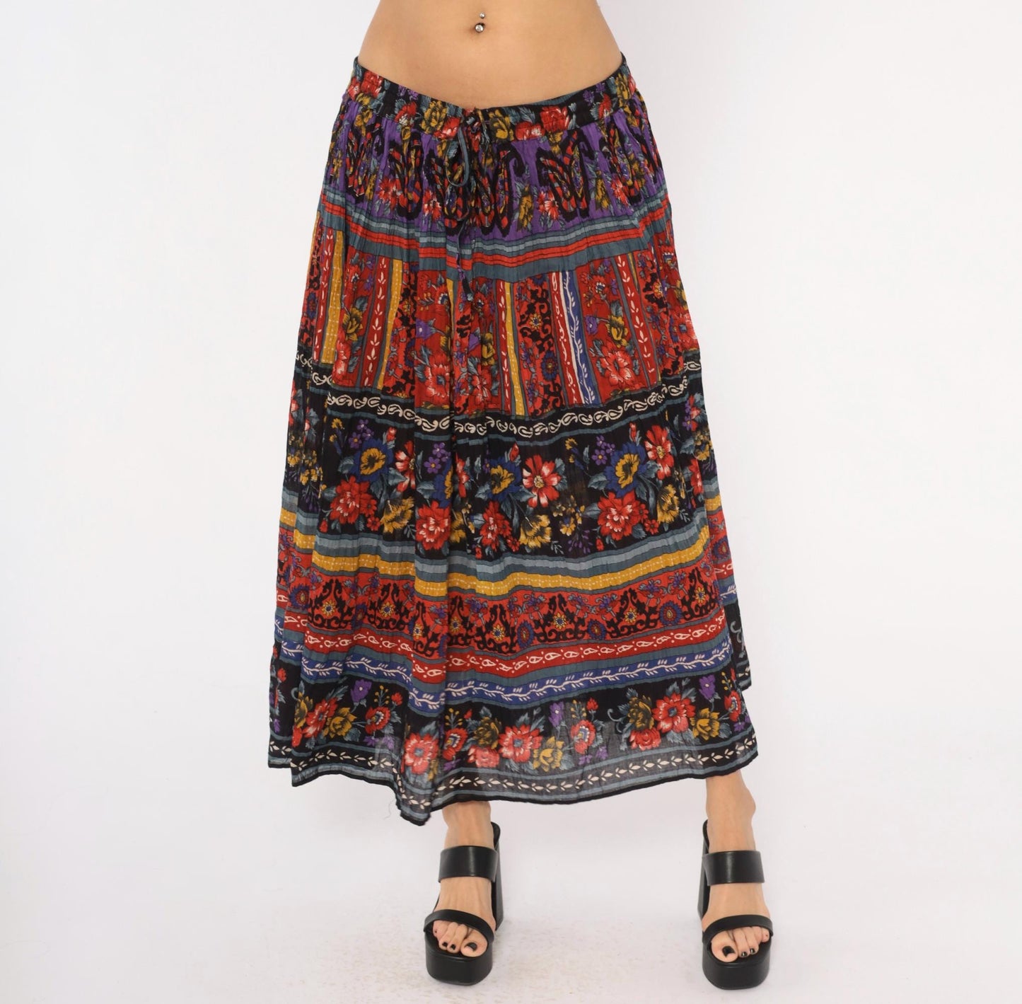 90s Phool Tiered Maxi Skirt Floral Geometric Print Cotton Plus Size 3X