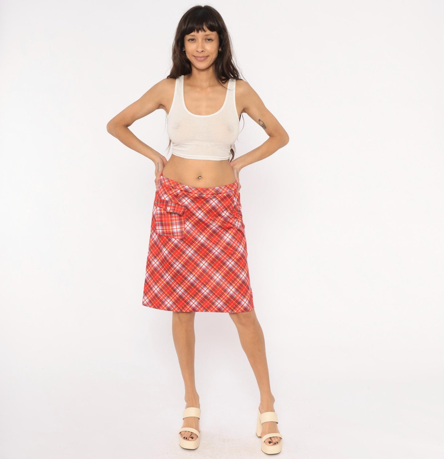 70s Red Tartan Plaid Skort A-Line Knee Length Built-In Shorts Medium Large