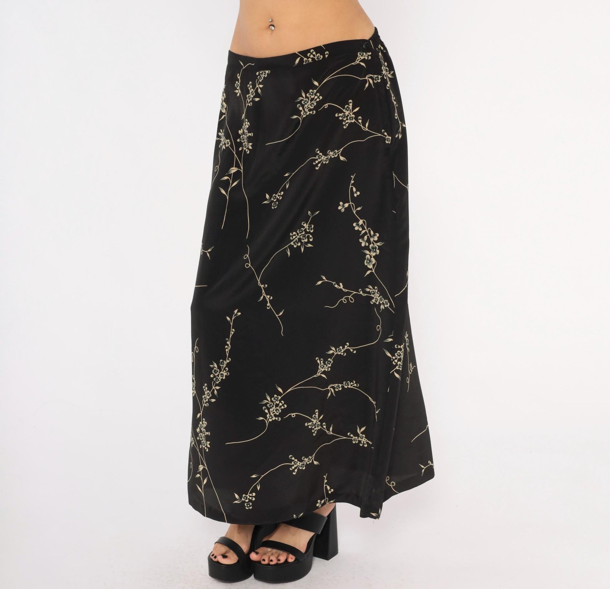 90s Studio C Cherry Blossom Maxi Skirt Black Tan Floral Elastic Waist Extra Large