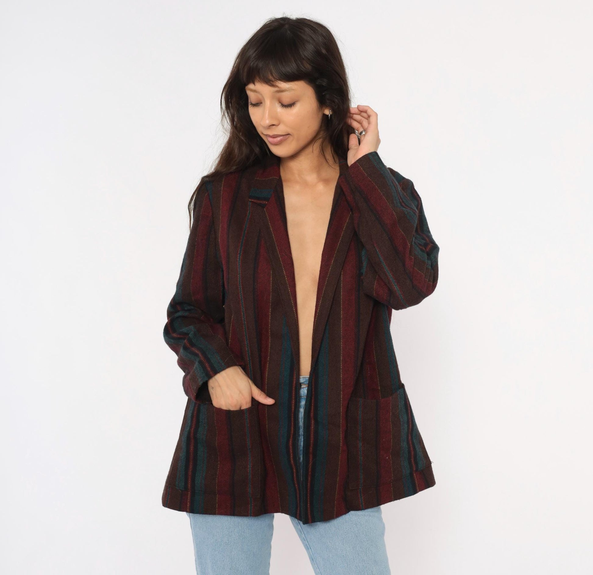 80s Koret Wool Blazer Burgundy Teal Striped Herringbone Notched Lapel Medium Large