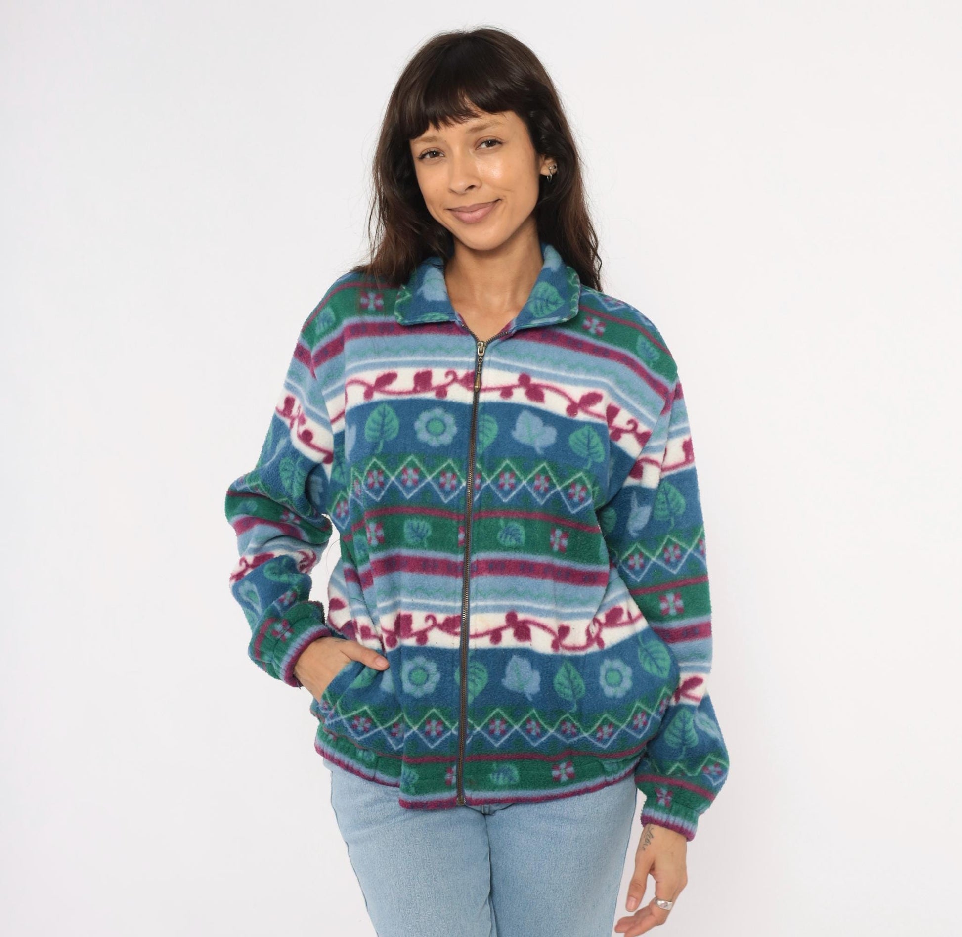 90s Teddi Floral Fleece Jacket Teal Burgundy Leaf Print Zip-Up Medium