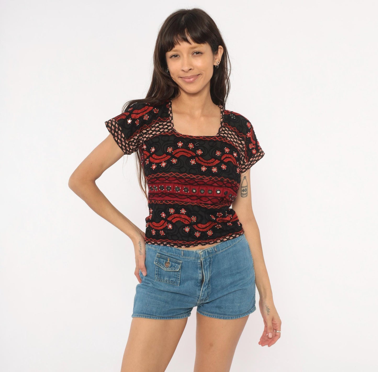 2000s Black Red Shisha Mirror Embroidered Cotton Crop Top Cap Sleeve Extra Small XS