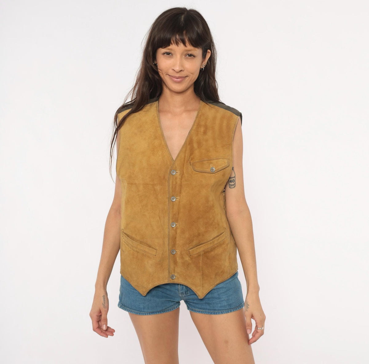 80s Robert Comstock Tan Suede Vest Diamond Quilted Buckle Back Small