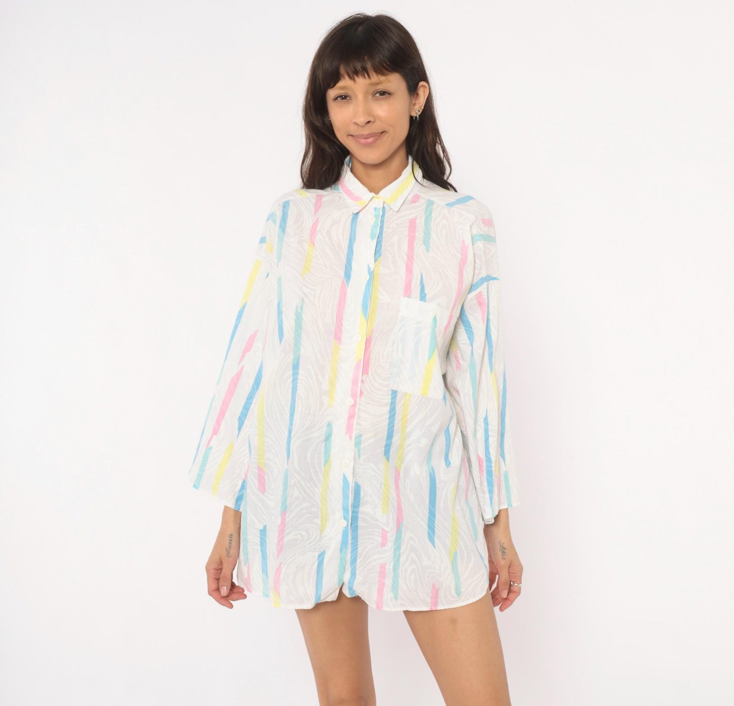 90s Ardmore Abstract Brushstroke Button Blouse Pink Blue Yellow Large L