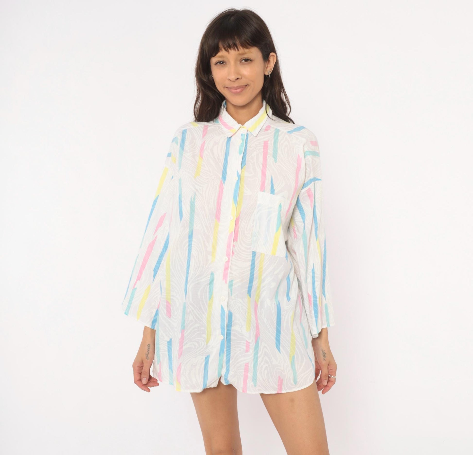 90s Ardmore Abstract Brushstroke Button Blouse Pink Blue Yellow Large L