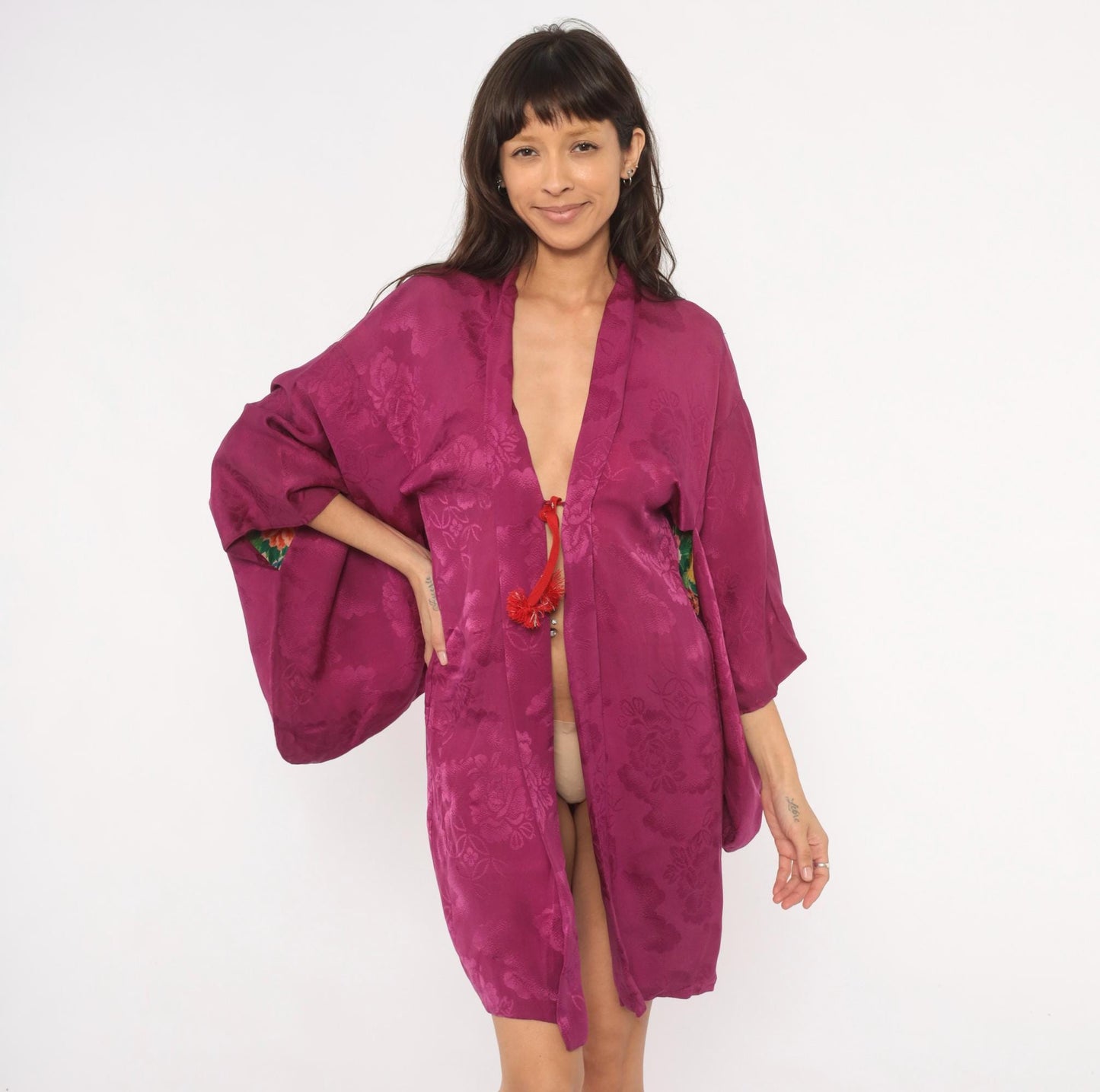 70s Silk Kimono Robe Pink Magenta Floral Chrysanthemum Butterfly Print Small S