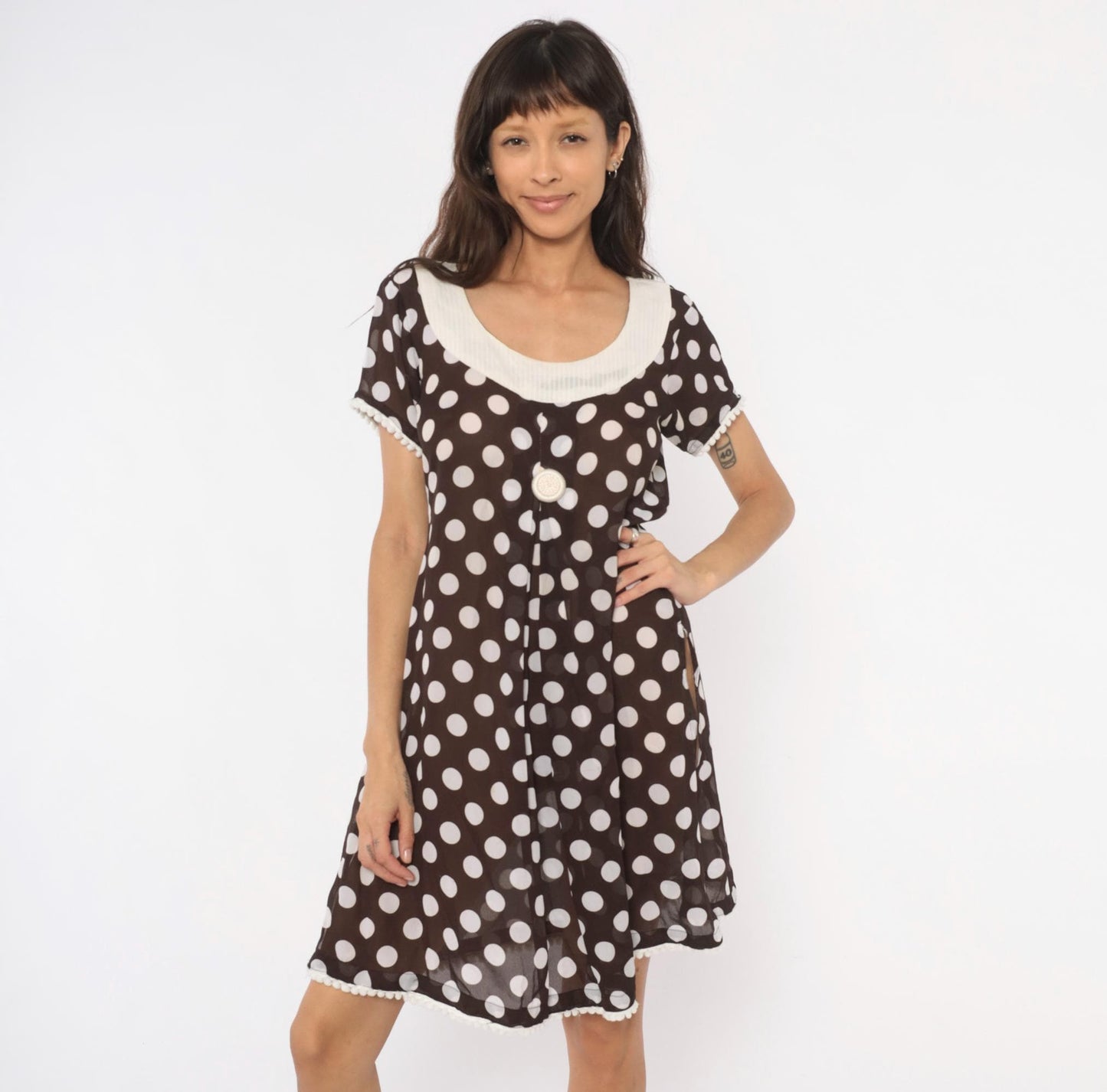 Y2K Polka Dot Babydoll Dress Brown Cream Pom Pom Trim Shift Mini Medium M