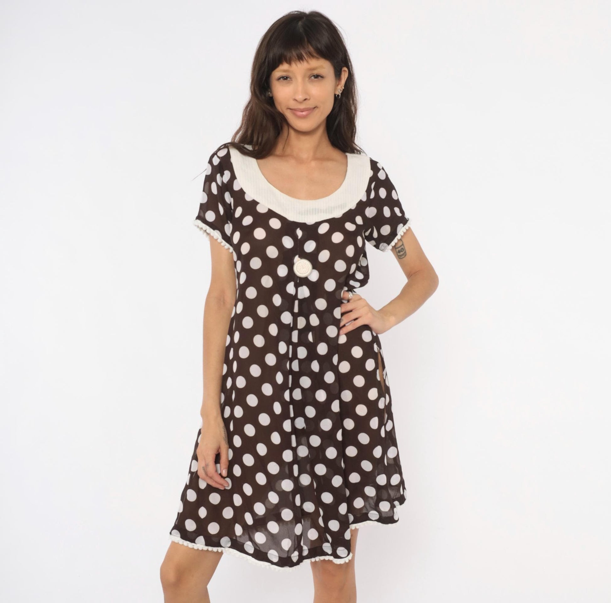 Y2K Polka Dot Babydoll Dress Brown Cream Pom Pom Trim Shift Mini Medium M