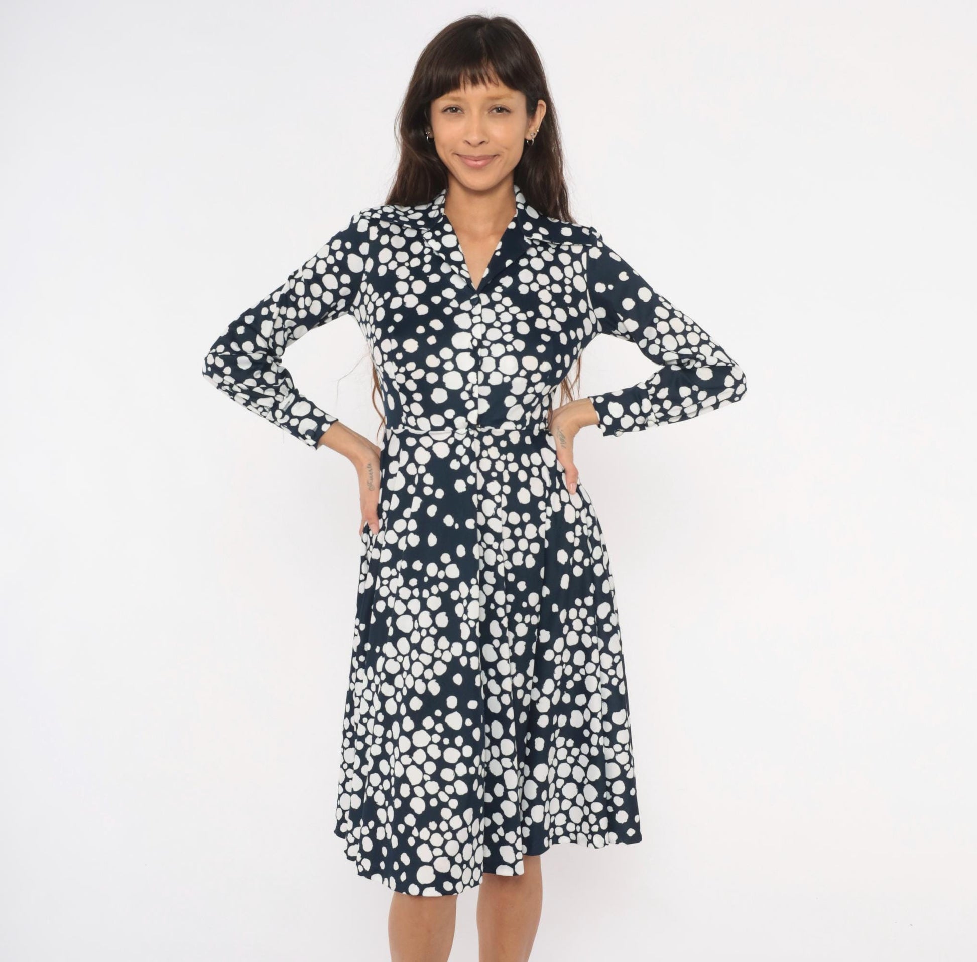 70s Gail Gray Navy Polka Dot Wrap Dress V Neck Button Front Knee Length Extra Small XS