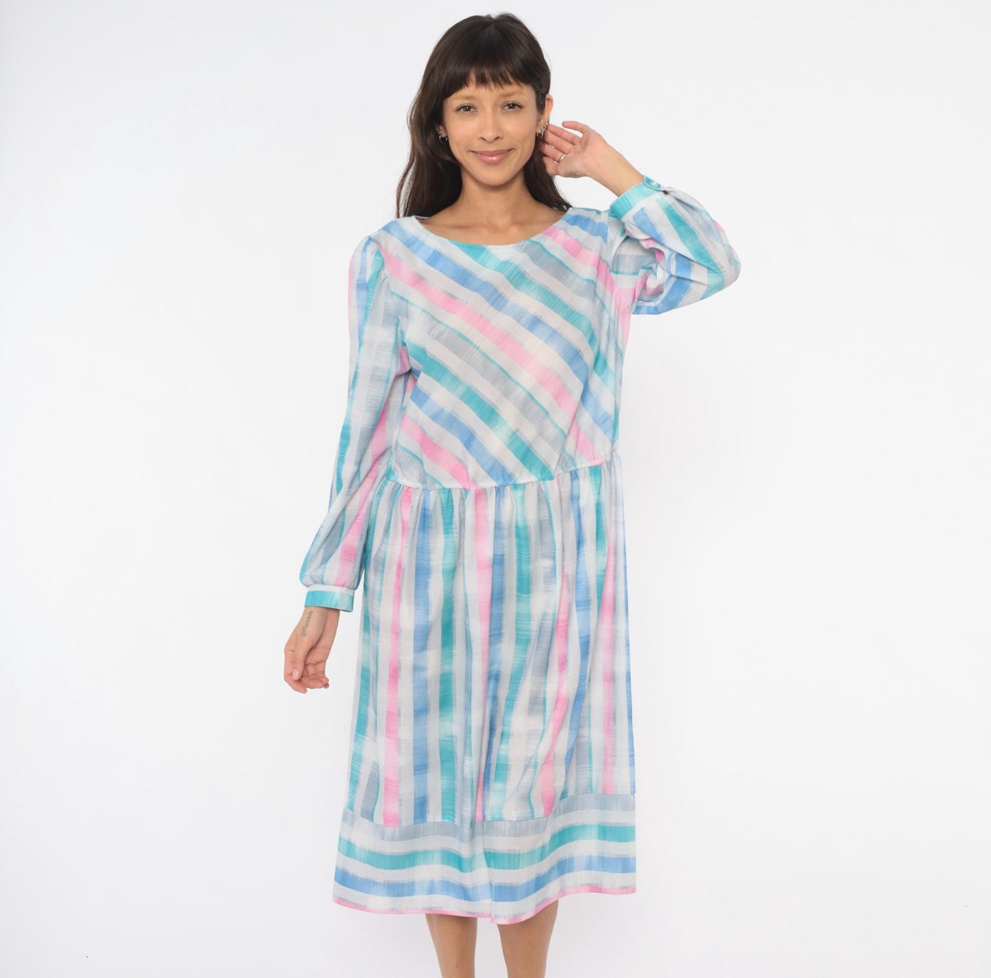 80s Pastel Stripe Diagonal Drop Waist Dress Pink Teal Bishop Sleeve Large L