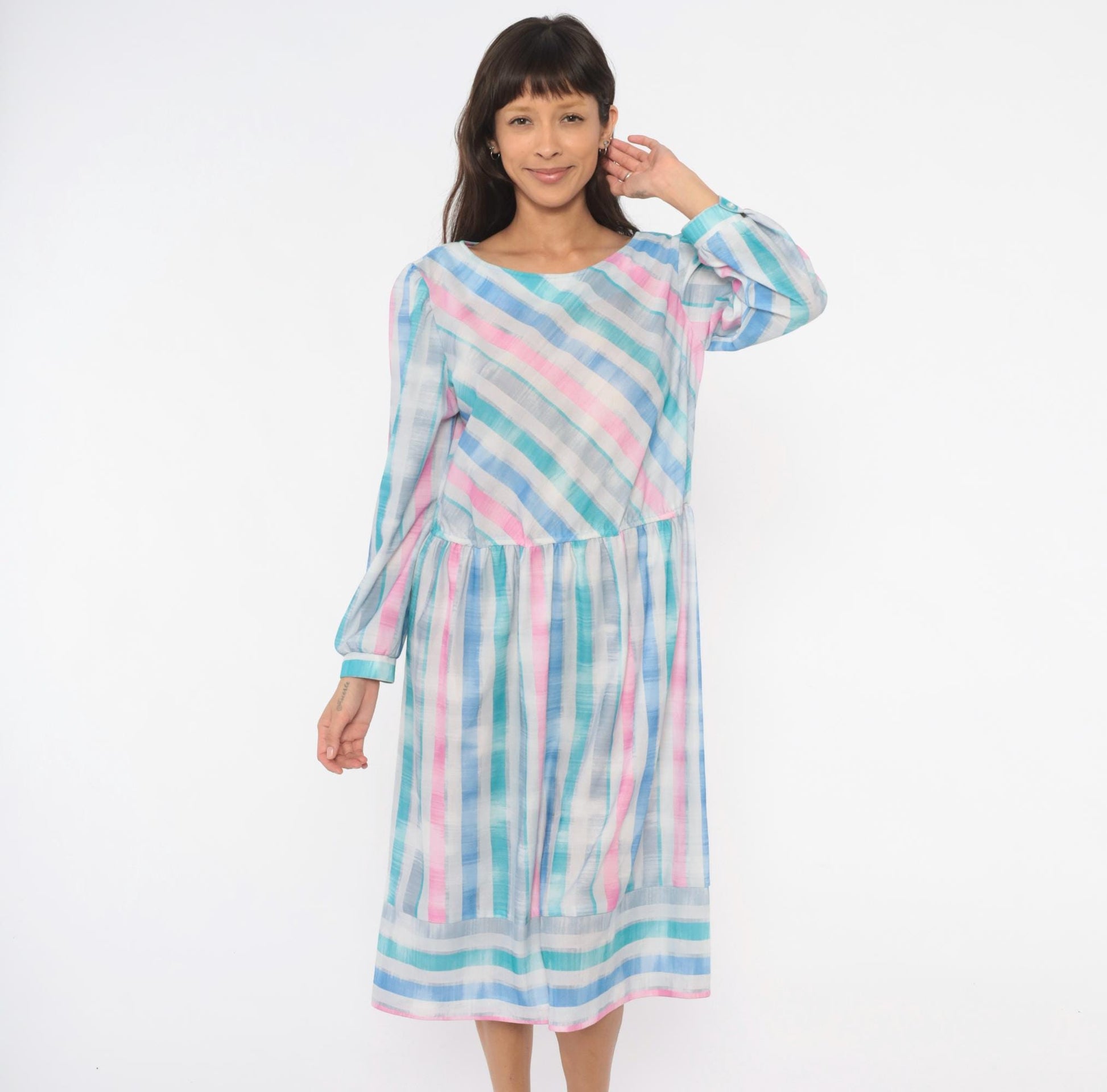 80s Pastel Stripe Diagonal Drop Waist Dress Pink Teal Bishop Sleeve Large L