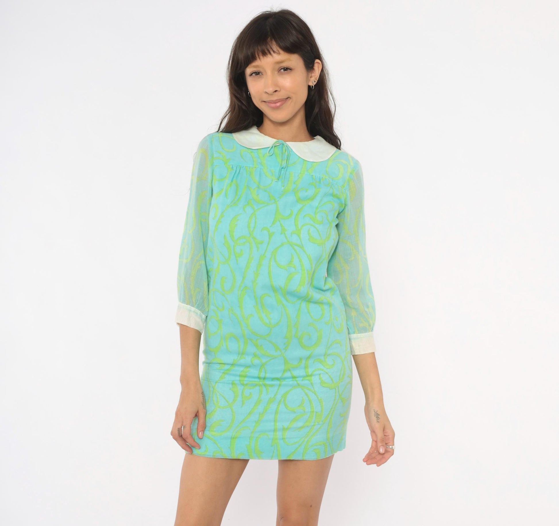 60s Psychedelic Swirl Mini Dress Aqua Lime Peter Pan Collar Shift XS