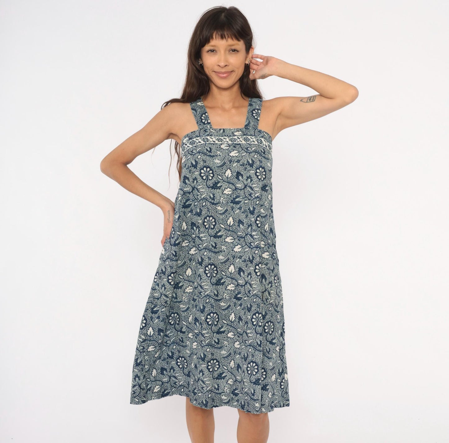90s Navy Batik Floral Sundress Cotton Square Neck Knee-Length Extra Small XS
