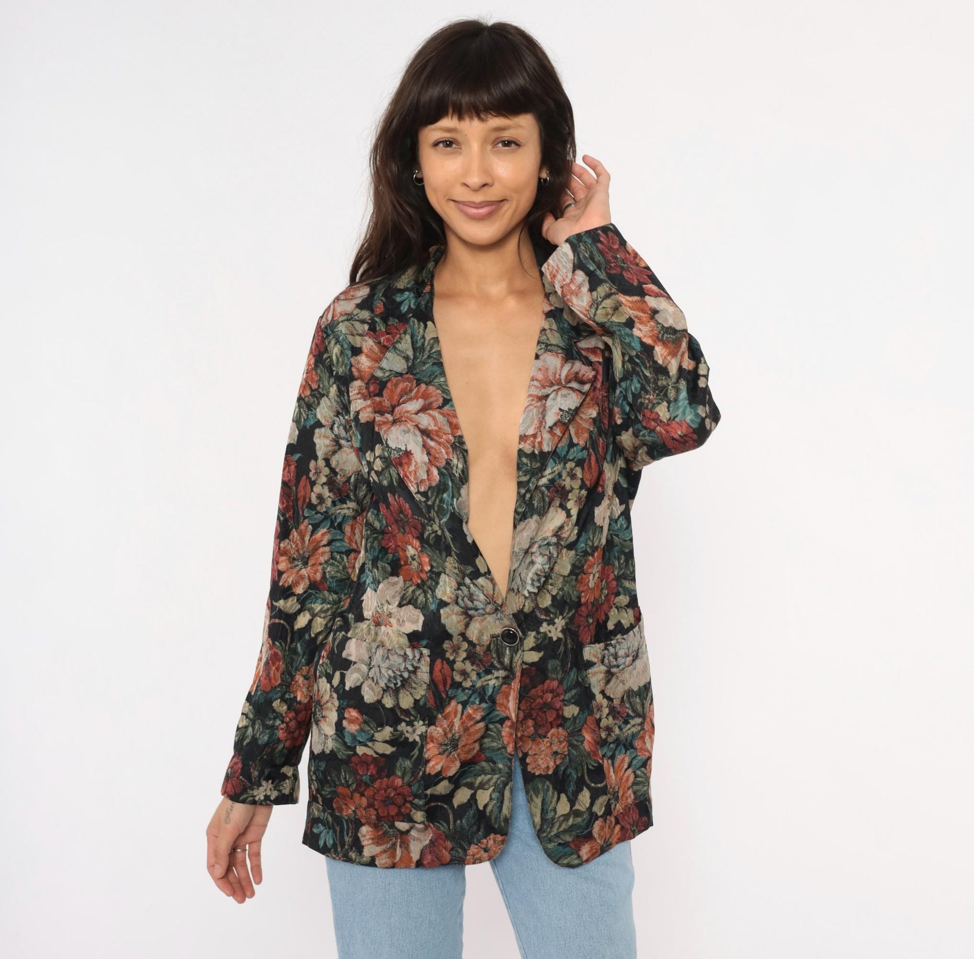 90s Laura Tyler Floral Blazer Black Botanical Jacquard Medium M