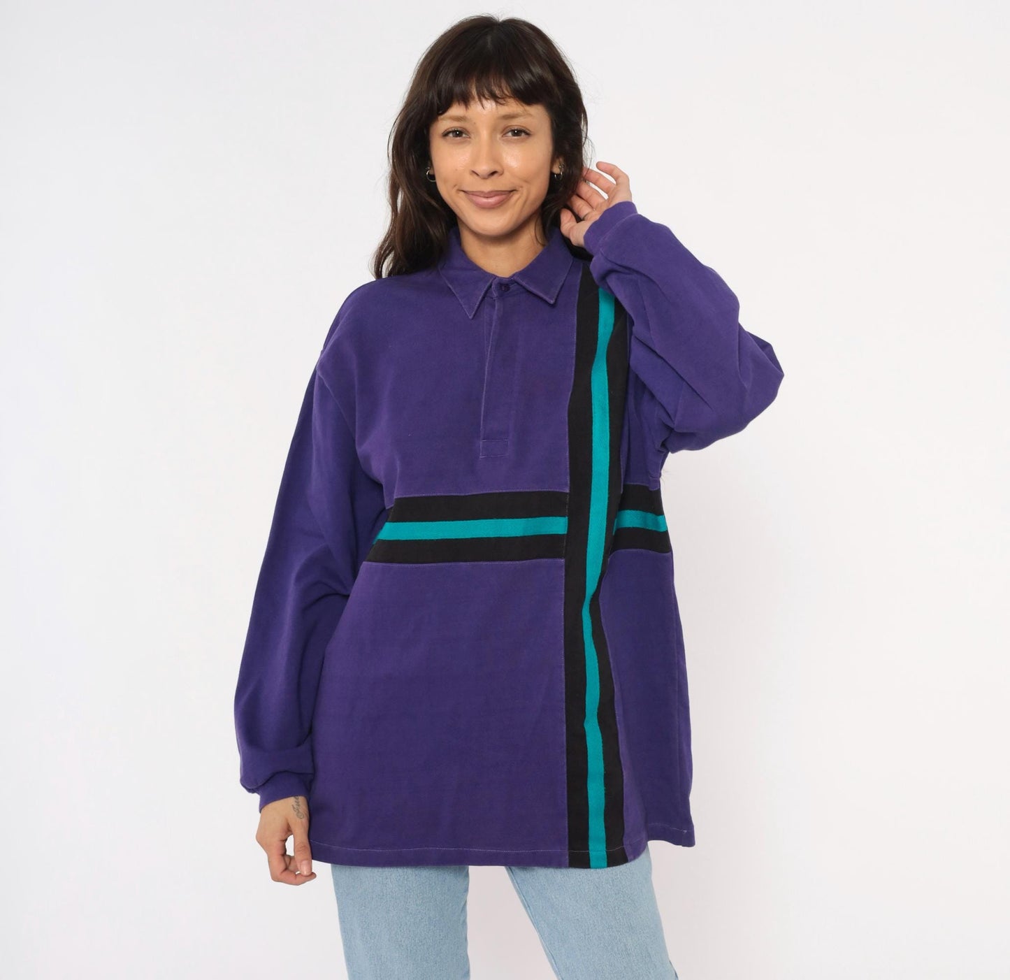 90s Billion Bay Rugby Polo Purple Teal Black Stripe Colorblock Medium