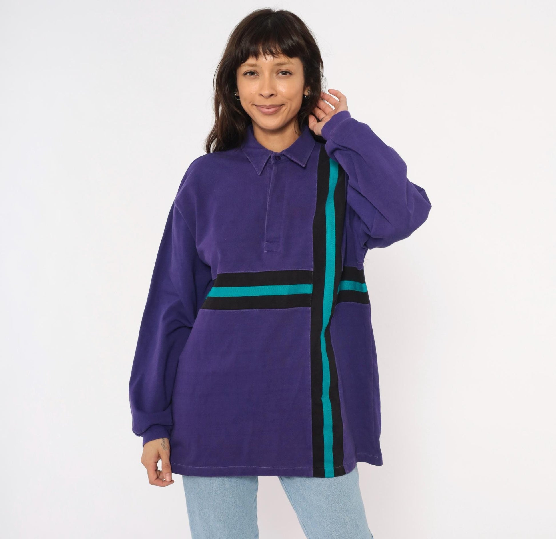 90s Billion Bay Rugby Polo Purple Teal Black Stripe Colorblock Medium