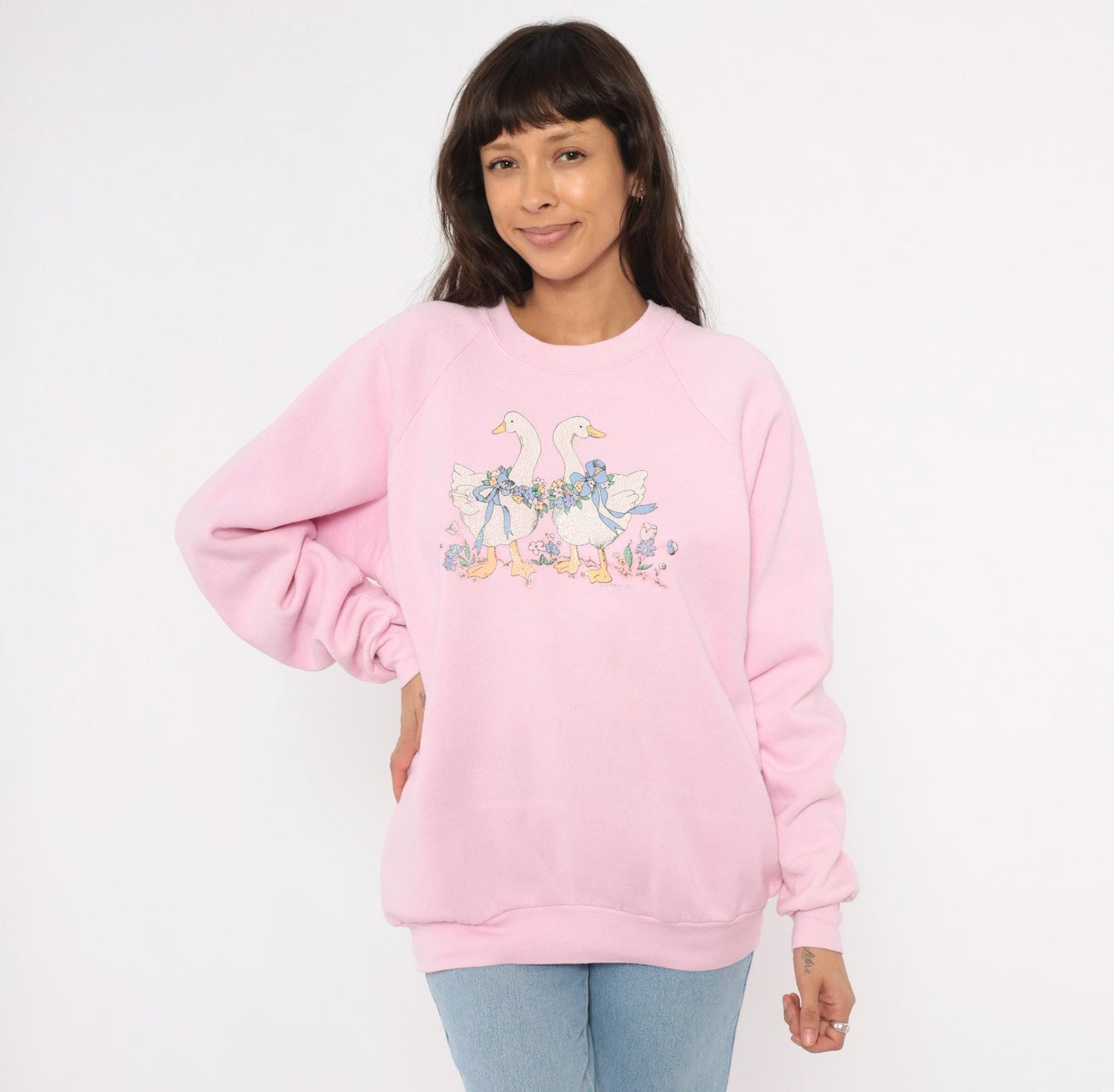 90s Pink Geese Crewneck Sweatshirt Raglan Sleeve Floral Graphic Cotton Large L