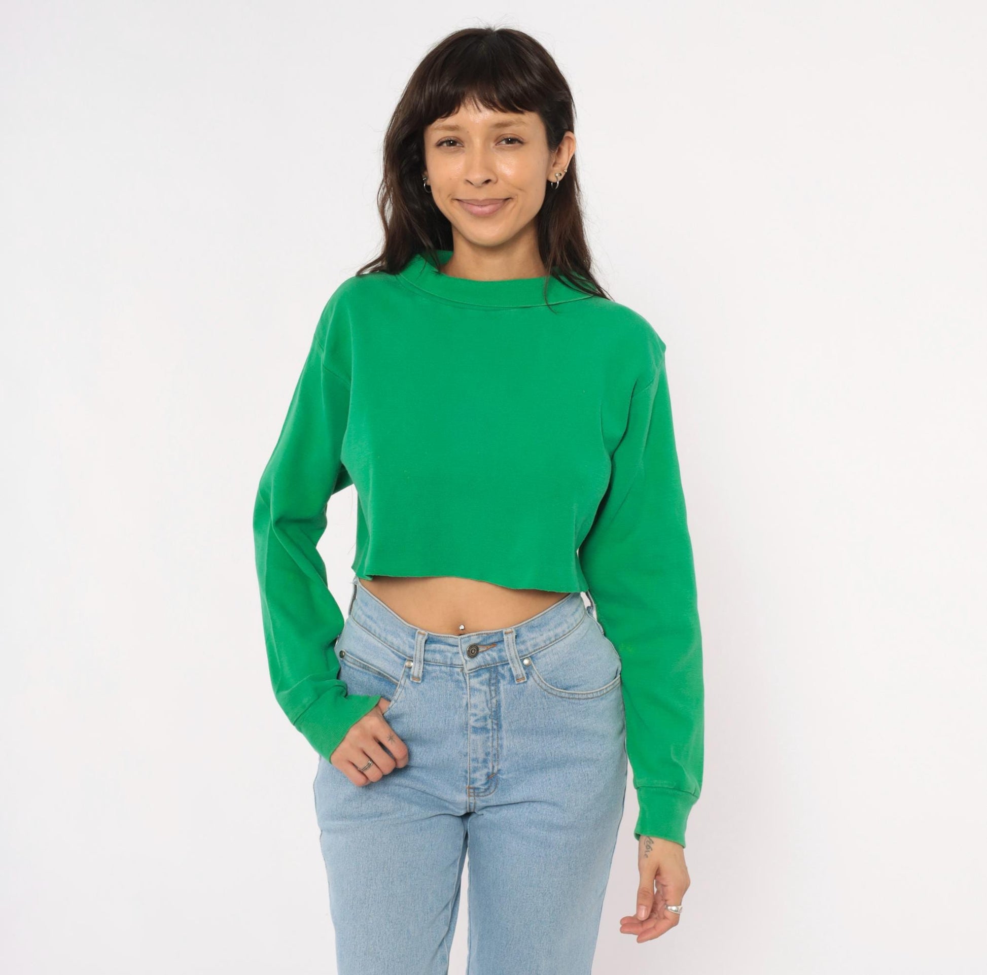 70s Flight Deck Crew Cropped Sweatshirt Kelly Green Cotton Pullover Medium