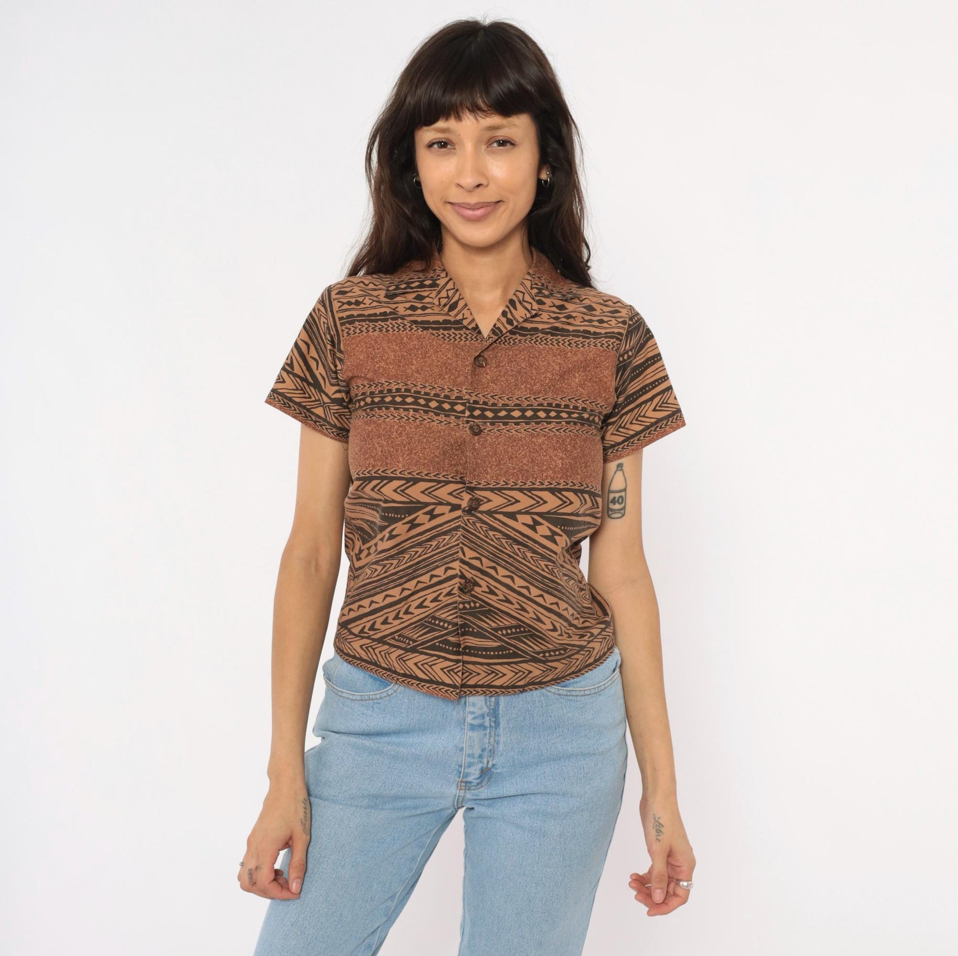 90s Tribal Print Button Camp Collar Shirt Brown Black Geometric XXS