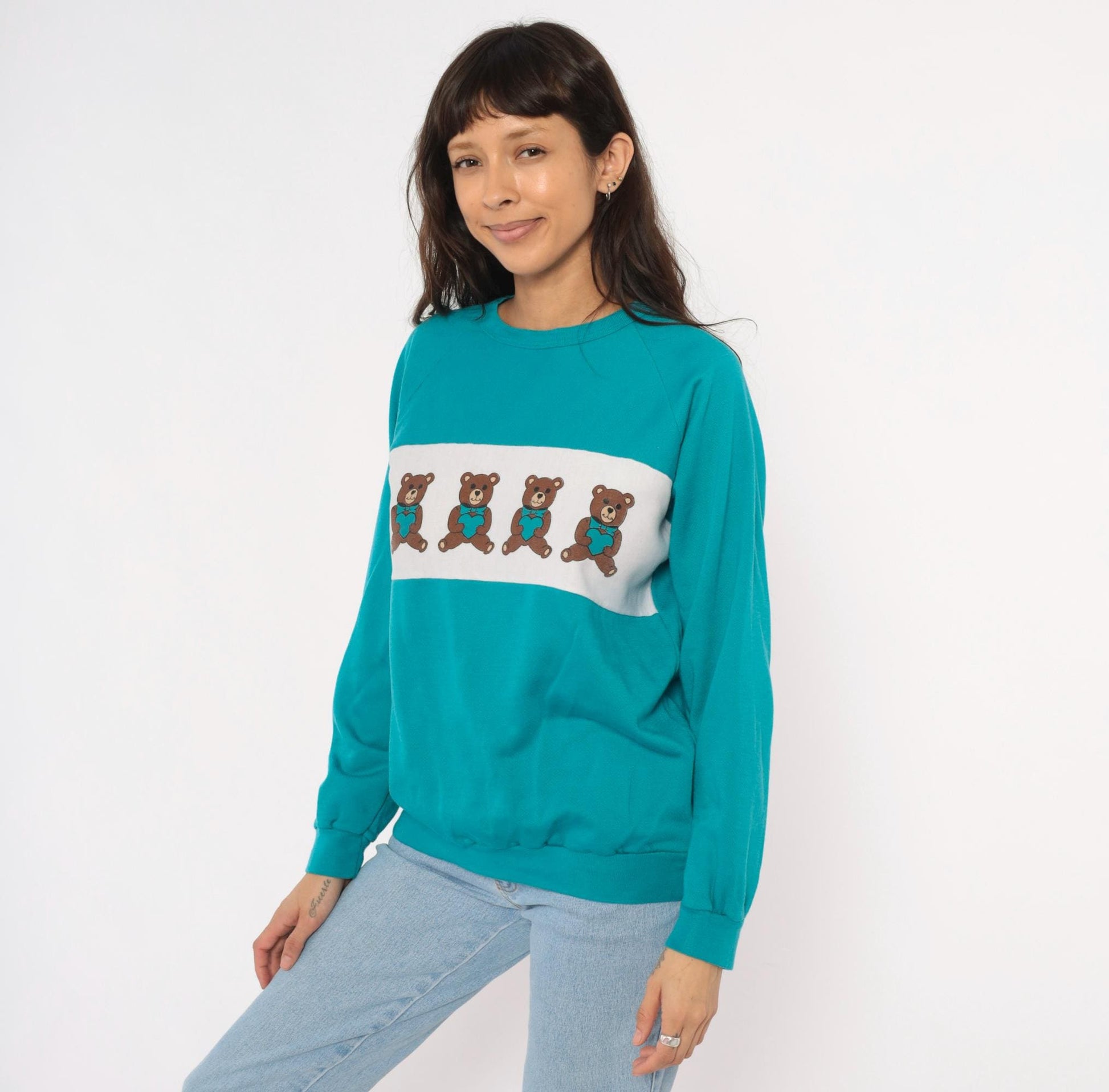 90s Teddy Bear Teal Crewneck Sweatshirt White Colorblock Raglan Medium