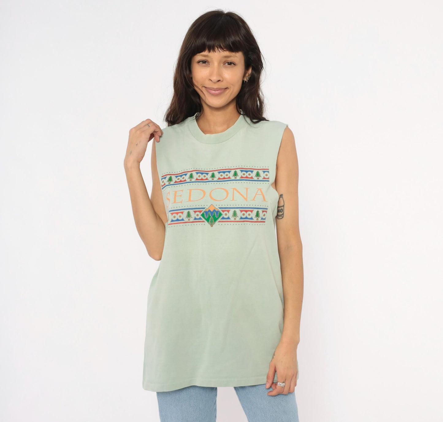 90s Anvil Sedona Arizona Sage Green Cotton Tank Top Graphic Mountain Tree Extra Large XL
