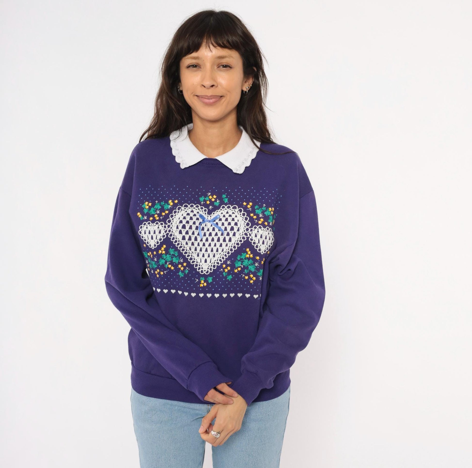 90s PegiGoff Purple Sweatshirt Peter Pan Collar Lace Heart Floral Medium M