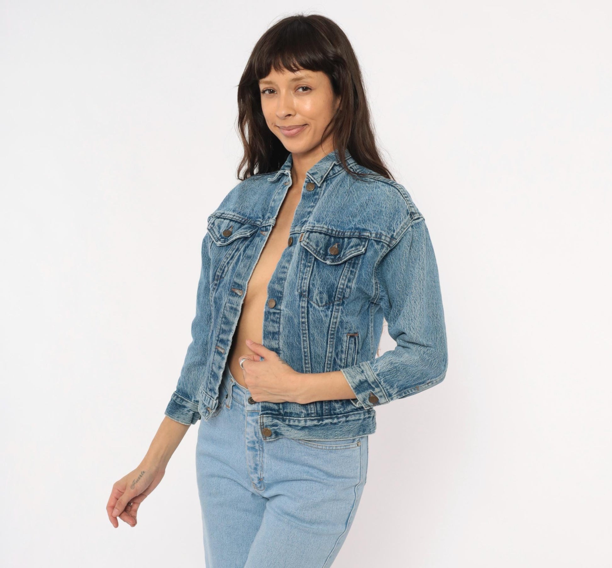 80s Levi's Denim Trucker Jacket Stonewash Blue Cropped Extra Small XS