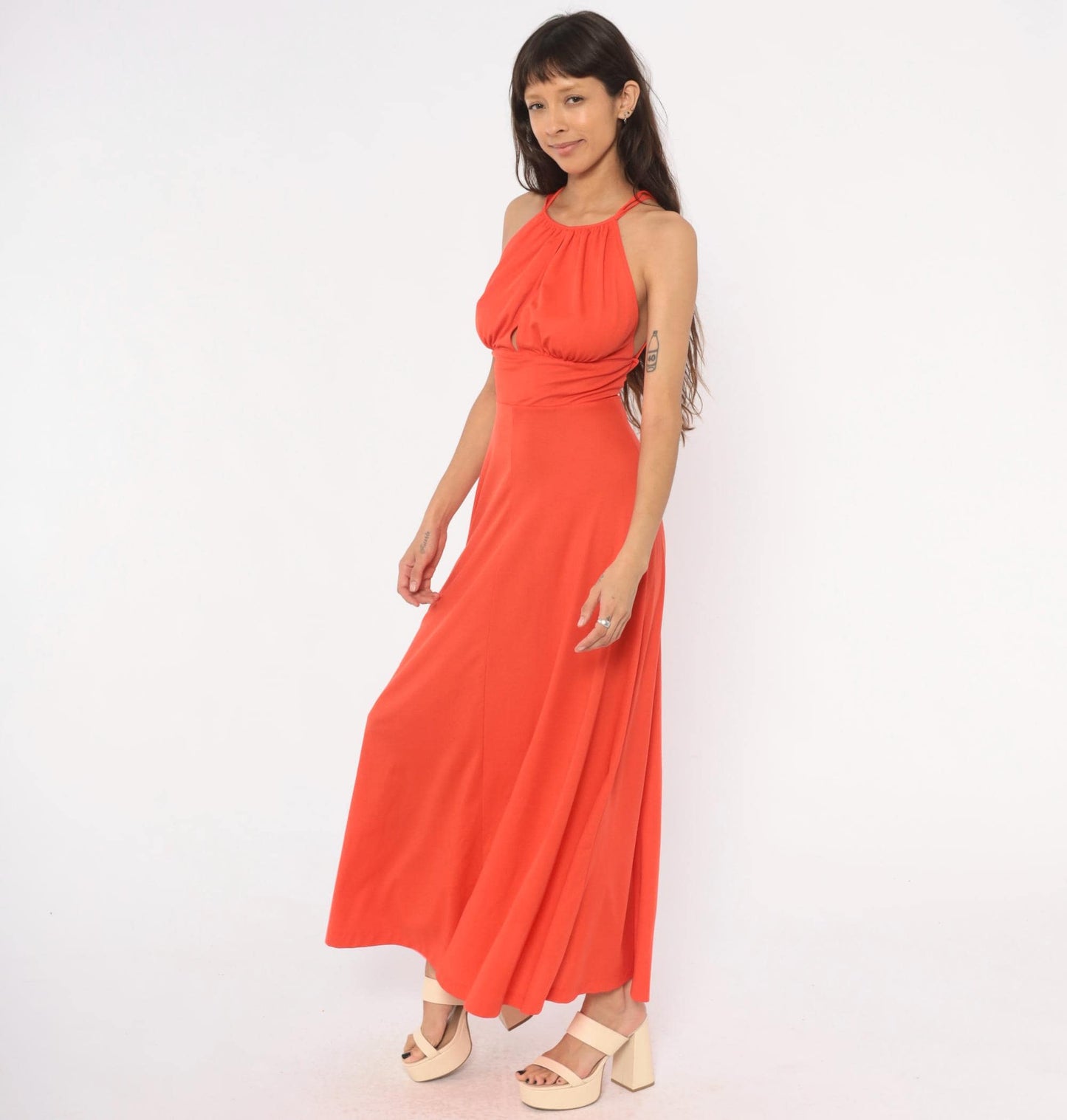 70s Misty Lane Coral Halter Maxi Dress Keyhole Neckline Extra Small XS